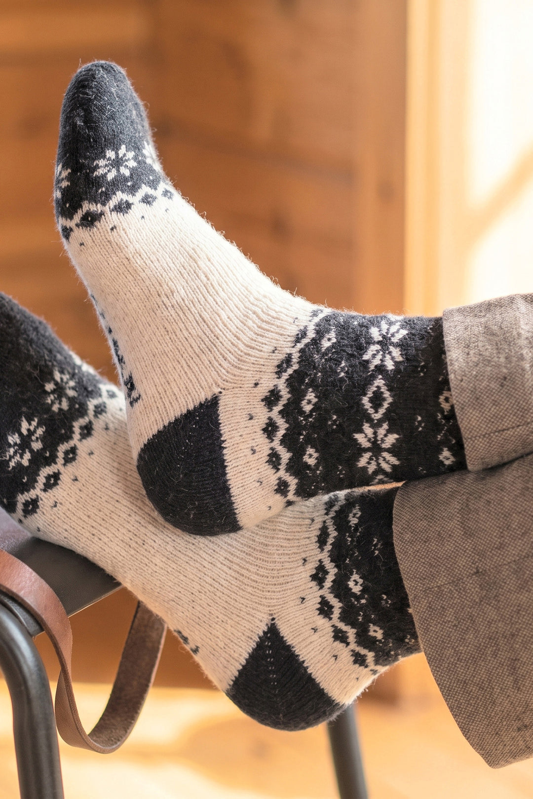 Nordic-Snowflake-Patterned-Wool-Socks-in-Black/Oat