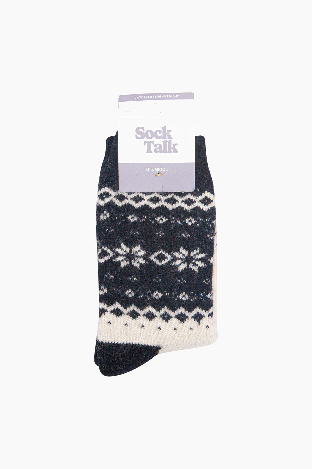 Nordic-Snowflake-Patterned-Wool-Socks-in-Black/Oat-In-Packaging