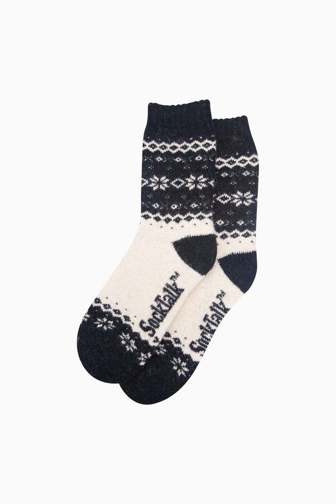 Nordic-Snowflake-Patterned-Wool-Socks-in-Black/Oat-Laid-Flat