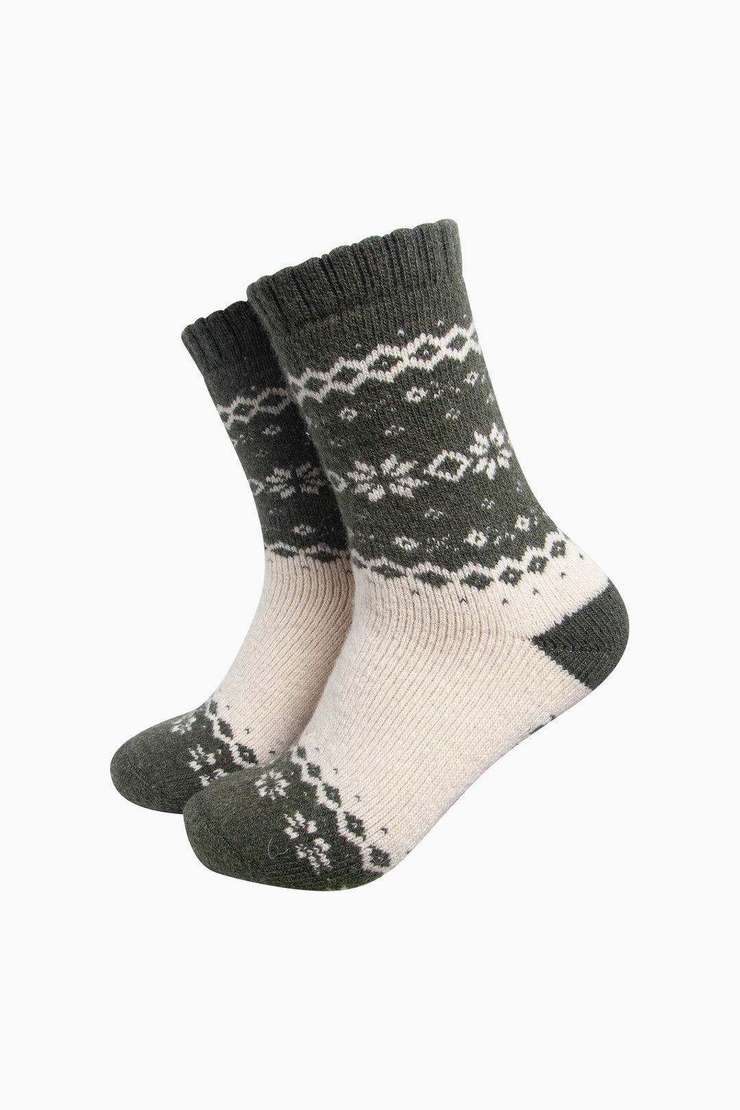 Nordic-Snowflake-Patterned-Wool-Socks-in-Khaki-Green/Oat-On-Mannequin
