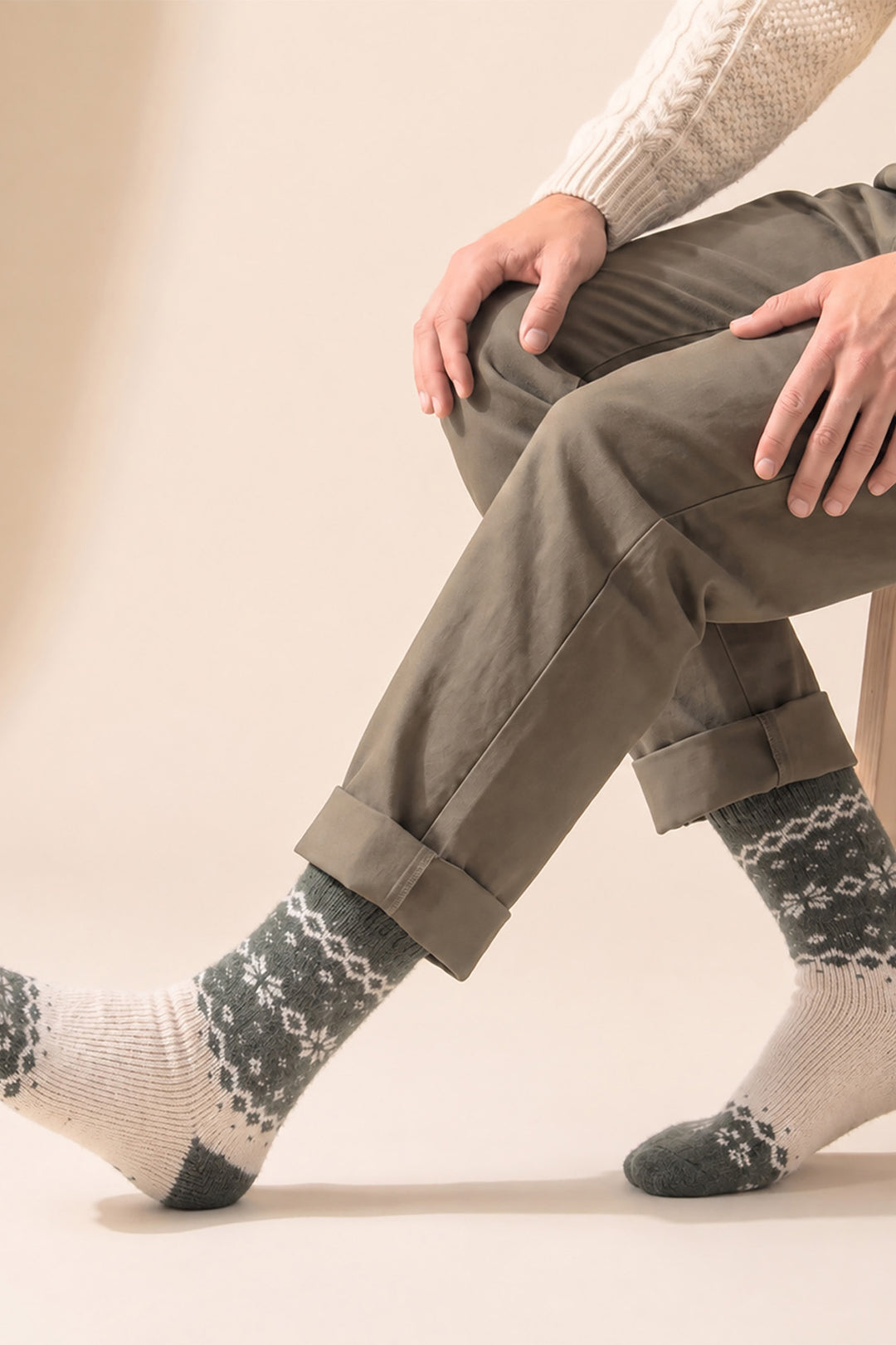 Nordic-Snowflake-Patterned-Wool-Socks-in-Khaki-Green/Oat