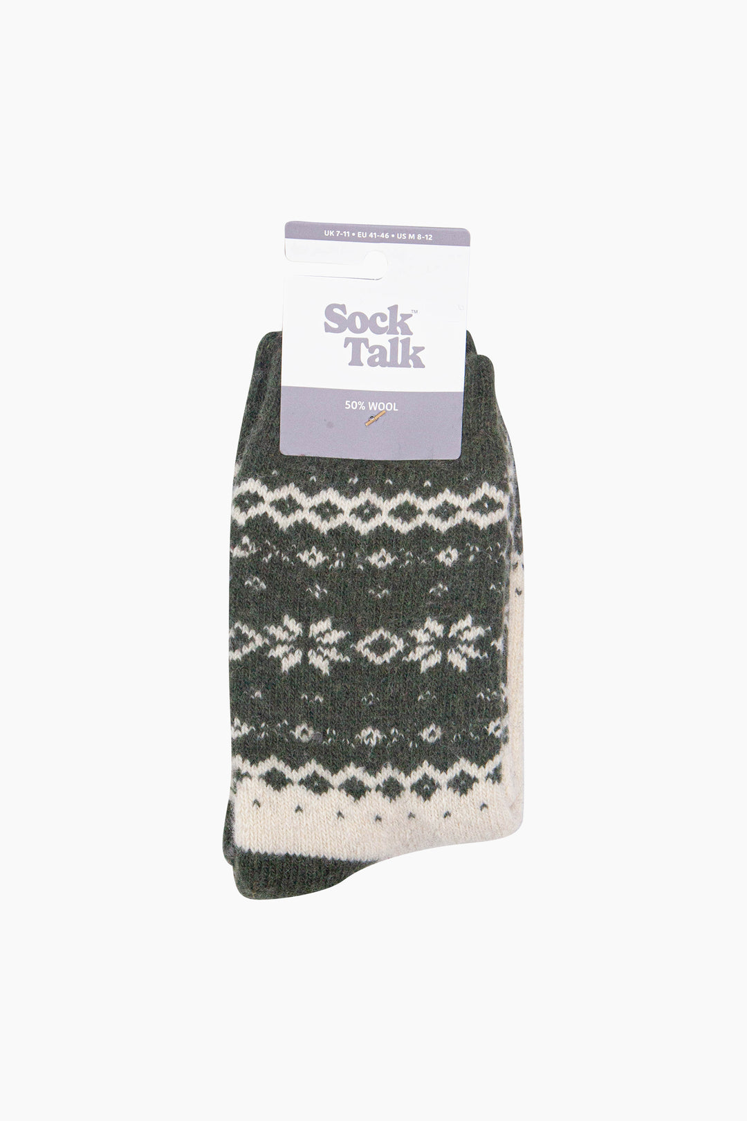 Nordic-Snowflake-Patterned-Wool-Socks-in-Khaki-Green/Oat-In-Packaging