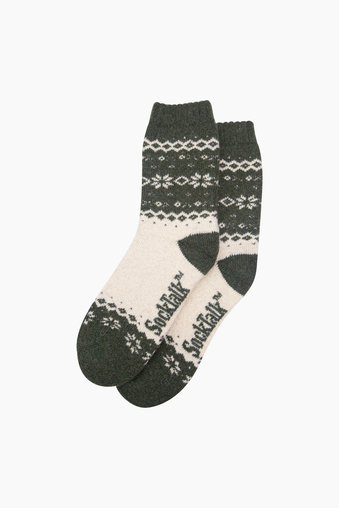 Nordic-Snowflake-Patterned-Wool-Socks-in-Khaki-Green/Oat-Laid-Flat