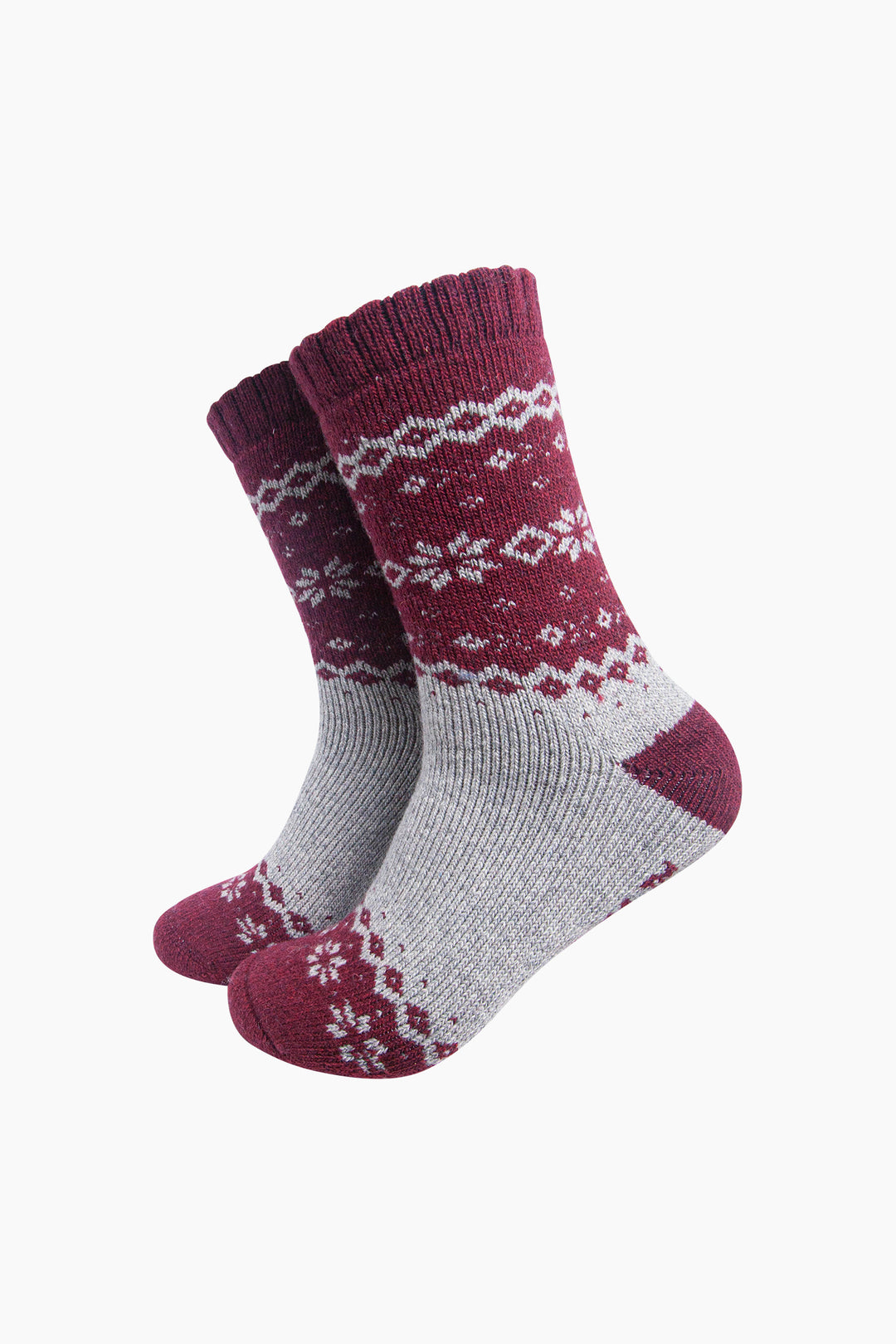 Nordic-Snowflake-Patterned-Wool-Socks-in-Grey-Marl/Burgundy-On-Mannequin