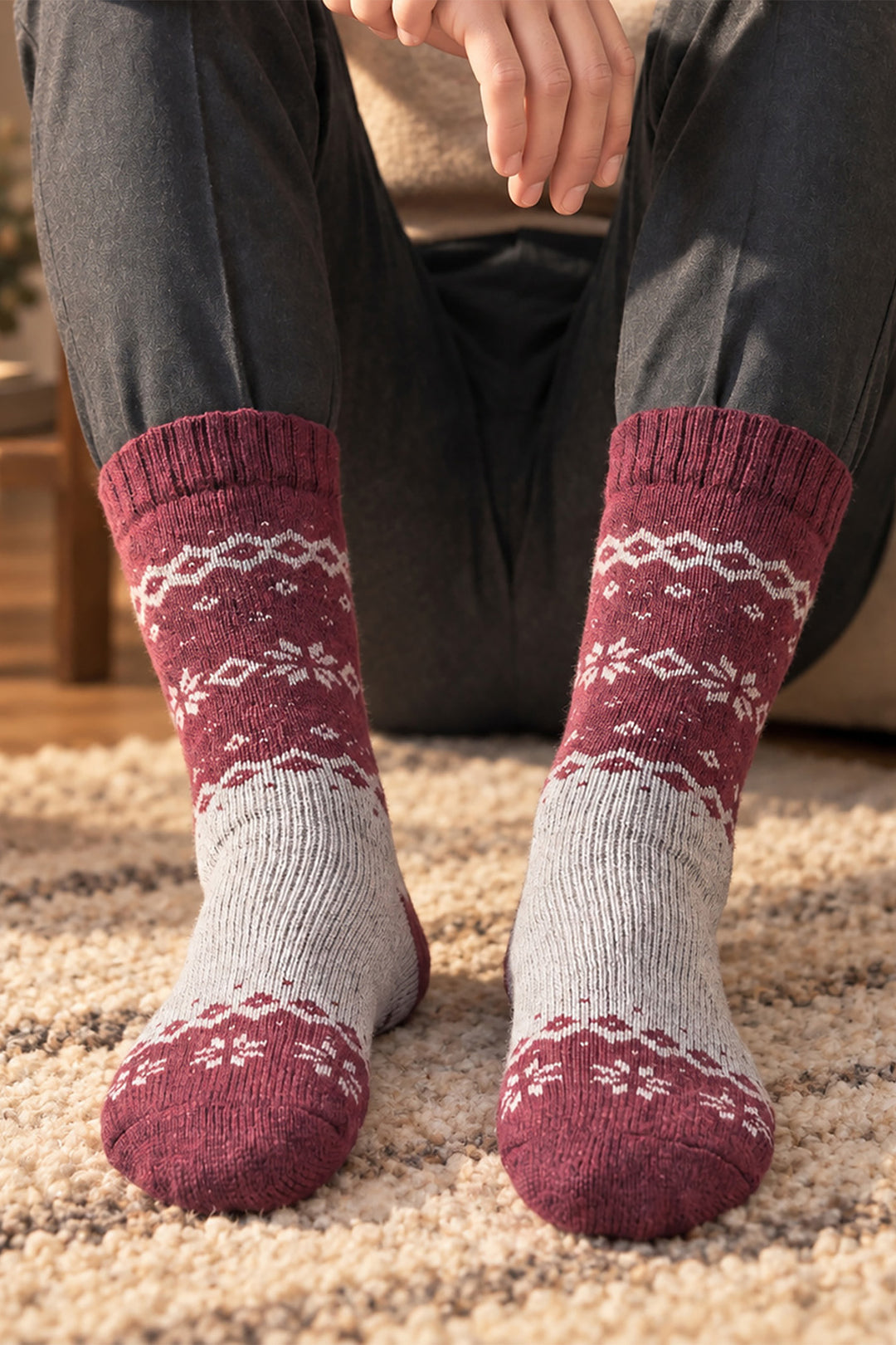 Nordic-Snowflake-Patterned-Wool-Socks-in-Grey-Marl/Burgundy