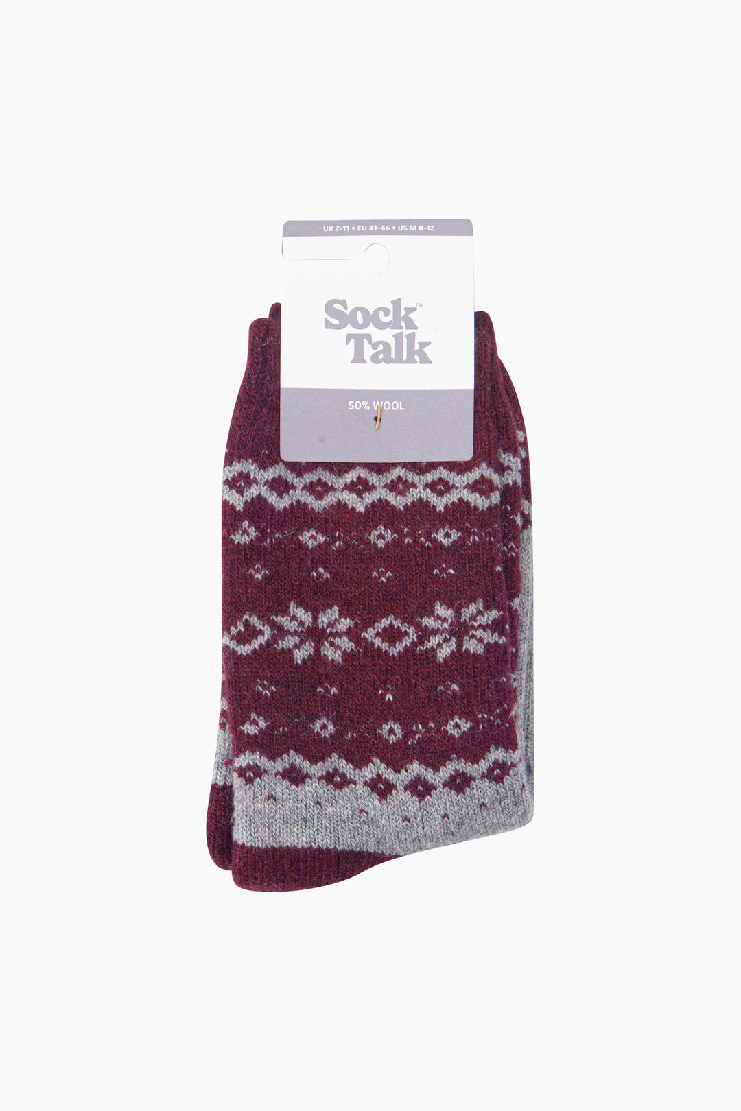Nordic-Snowflake-Patterned-Wool-Socks-in-Grey-Marl/Burgundy-In-Packaging