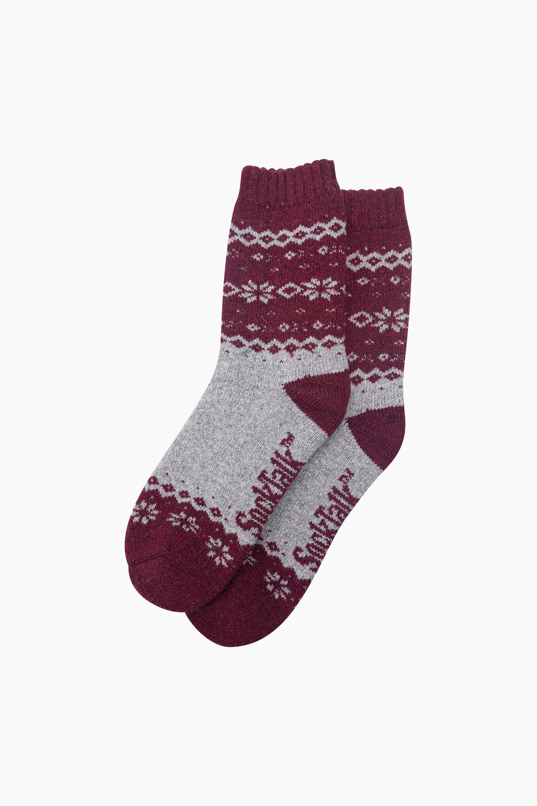 Nordic-Snowflake-Patterned-Wool-Socks-in-Grey-Marl/Burgundy-Laid-Flat