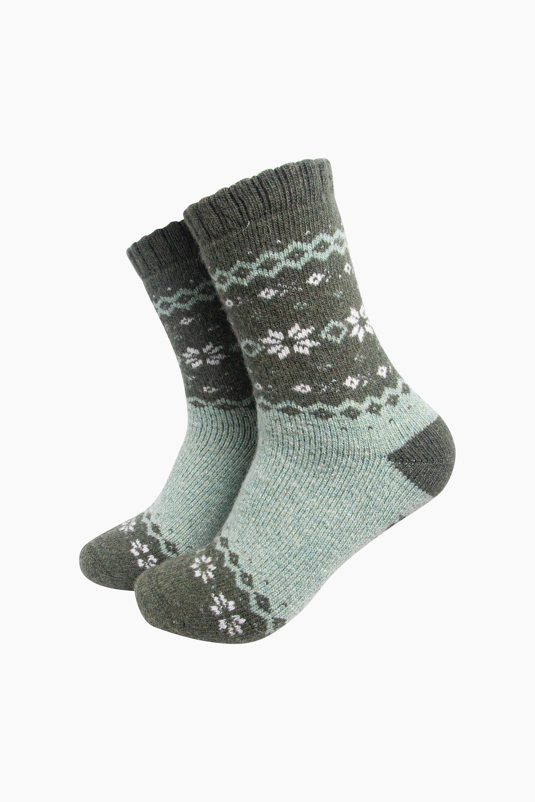 Nordic-Snowflake-Patterned-Wool-Socks-in-Green-On-Mannequin