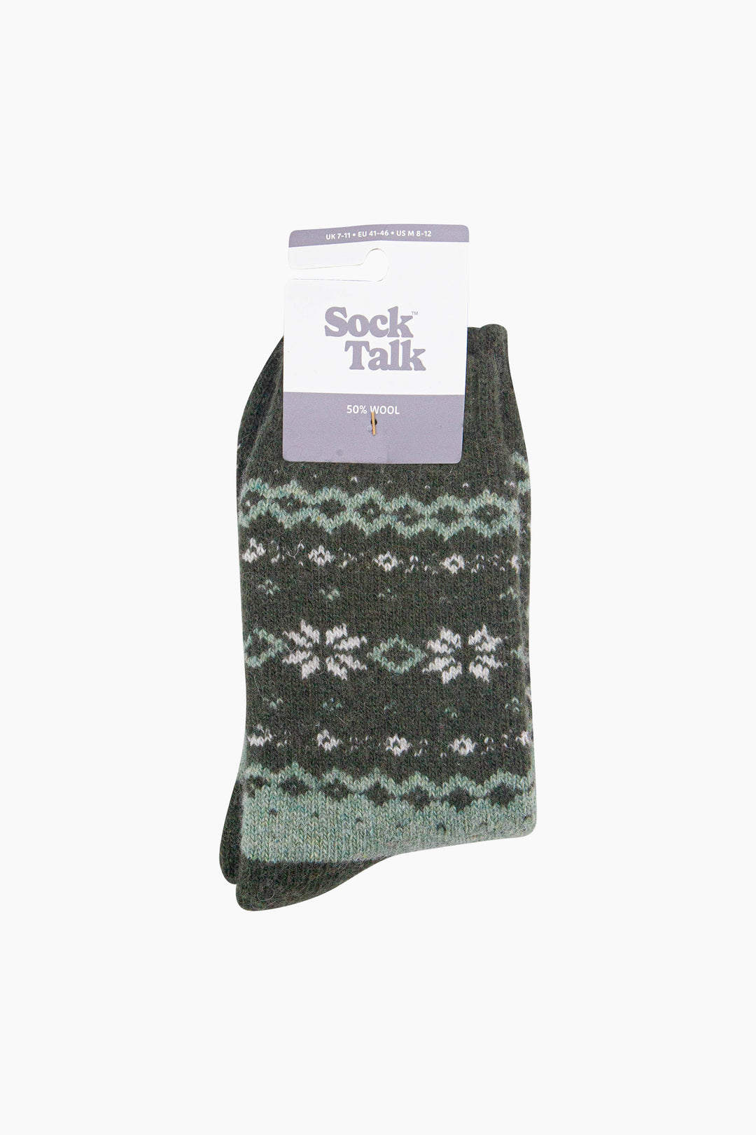Nordic-Snowflake-Patterned-Wool-Socks-in-Green-In-Packaging