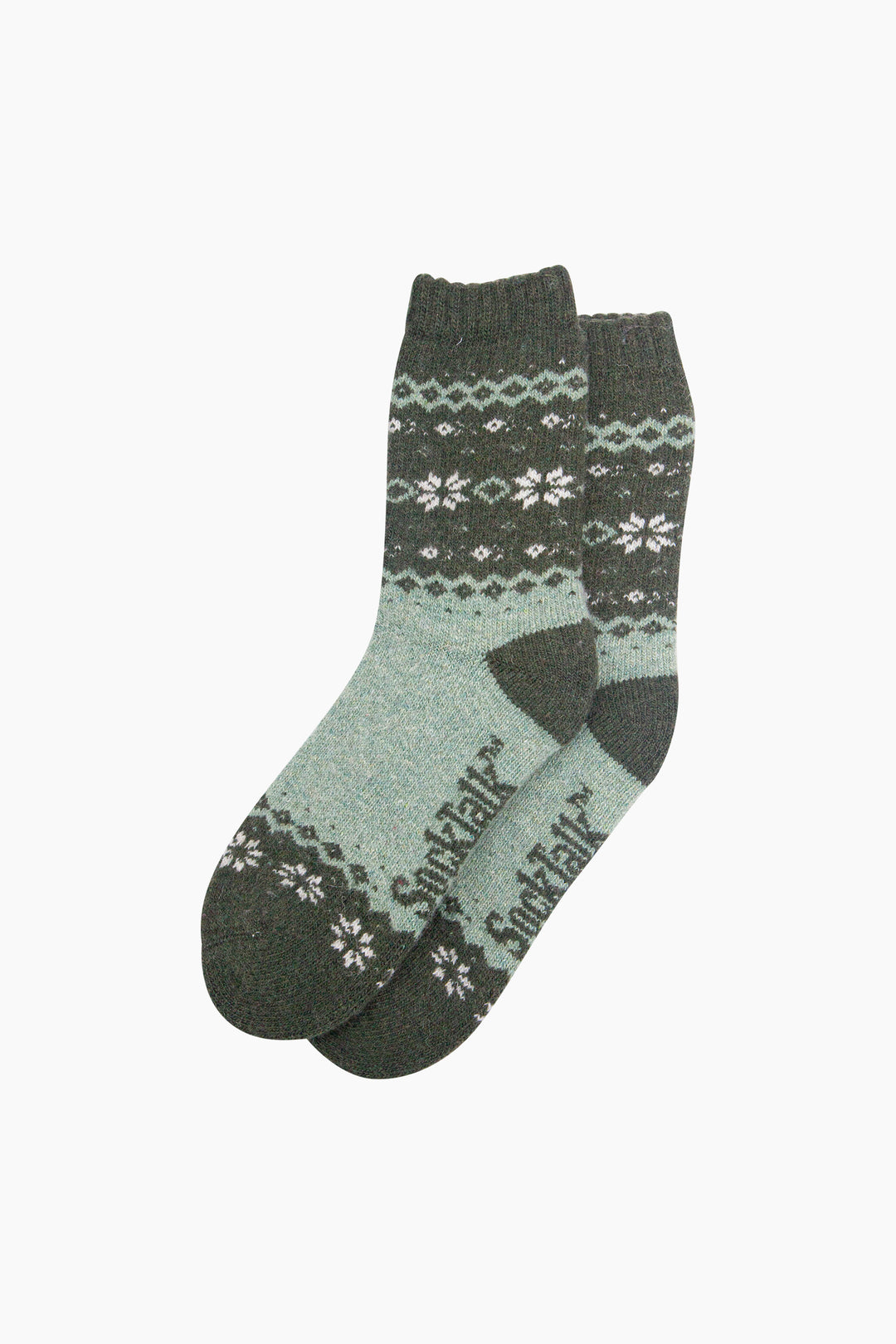 Nordic-Snowflake-Patterned-Wool-Socks-in-Green-Laid-Flat