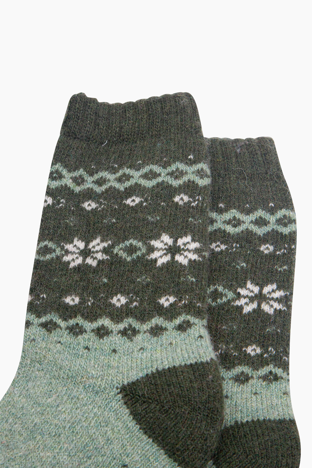 Nordic-Snowflake-Patterned-Wool-Socks-in-Green-Close-Up