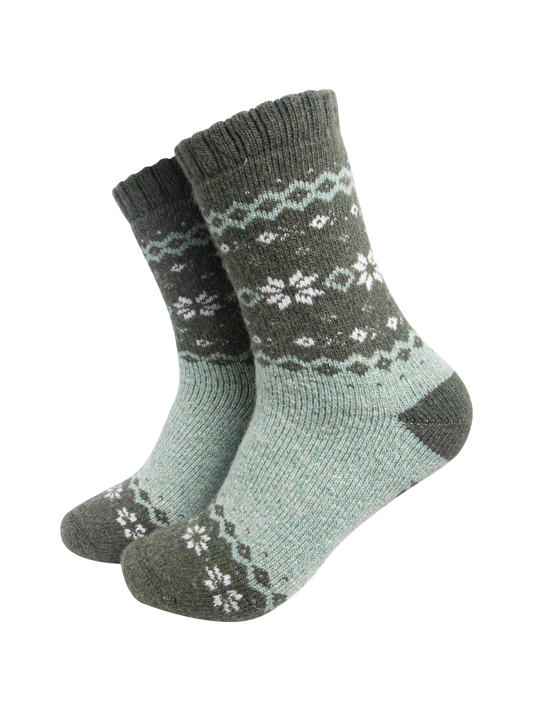 Nordic-Snowflake-Patterned-Wool-Socks-in-Green-On-Mannequin