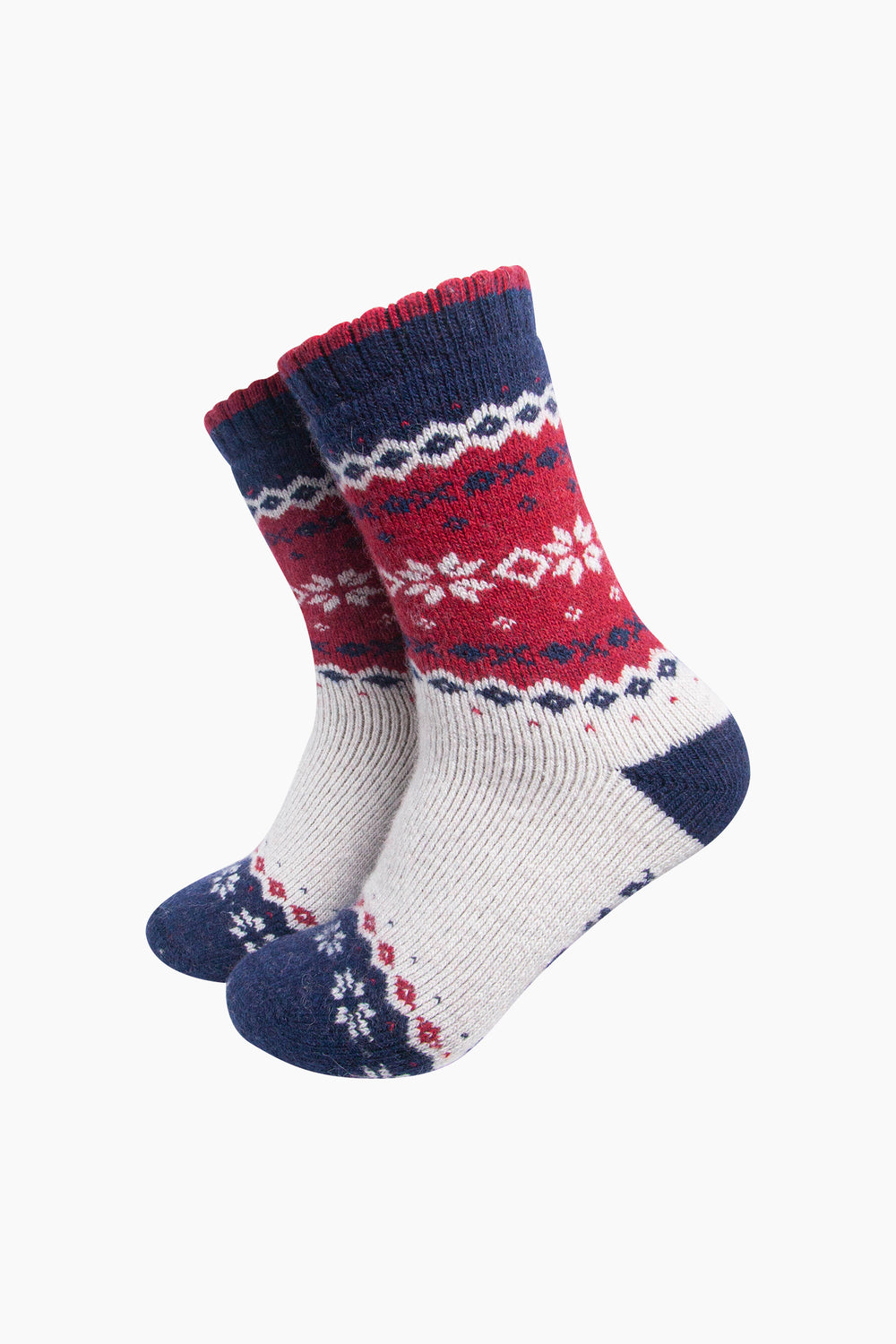 Nordic-Snowflake-Patterned-Wool-Socks-in-Navy-Blue/Red-On-Mannequin