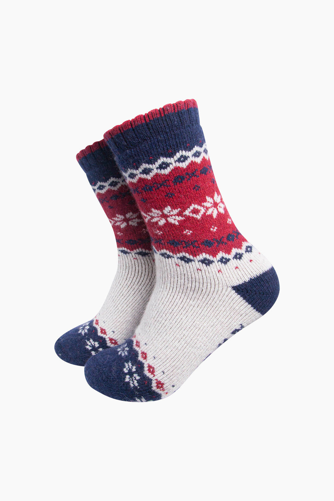 Nordic-Snowflake-Patterned-Wool-Socks-in-Navy-Blue/Red-On-Mannequin