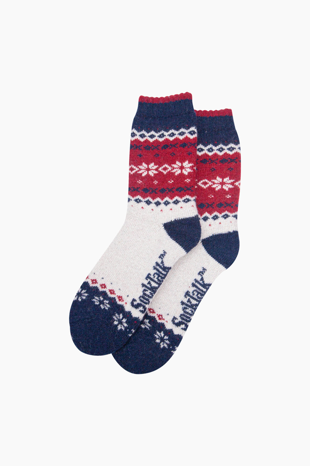Nordic-Snowflake-Patterned-Wool-Socks-in-Navy-Blue/Red-Laid-Flat