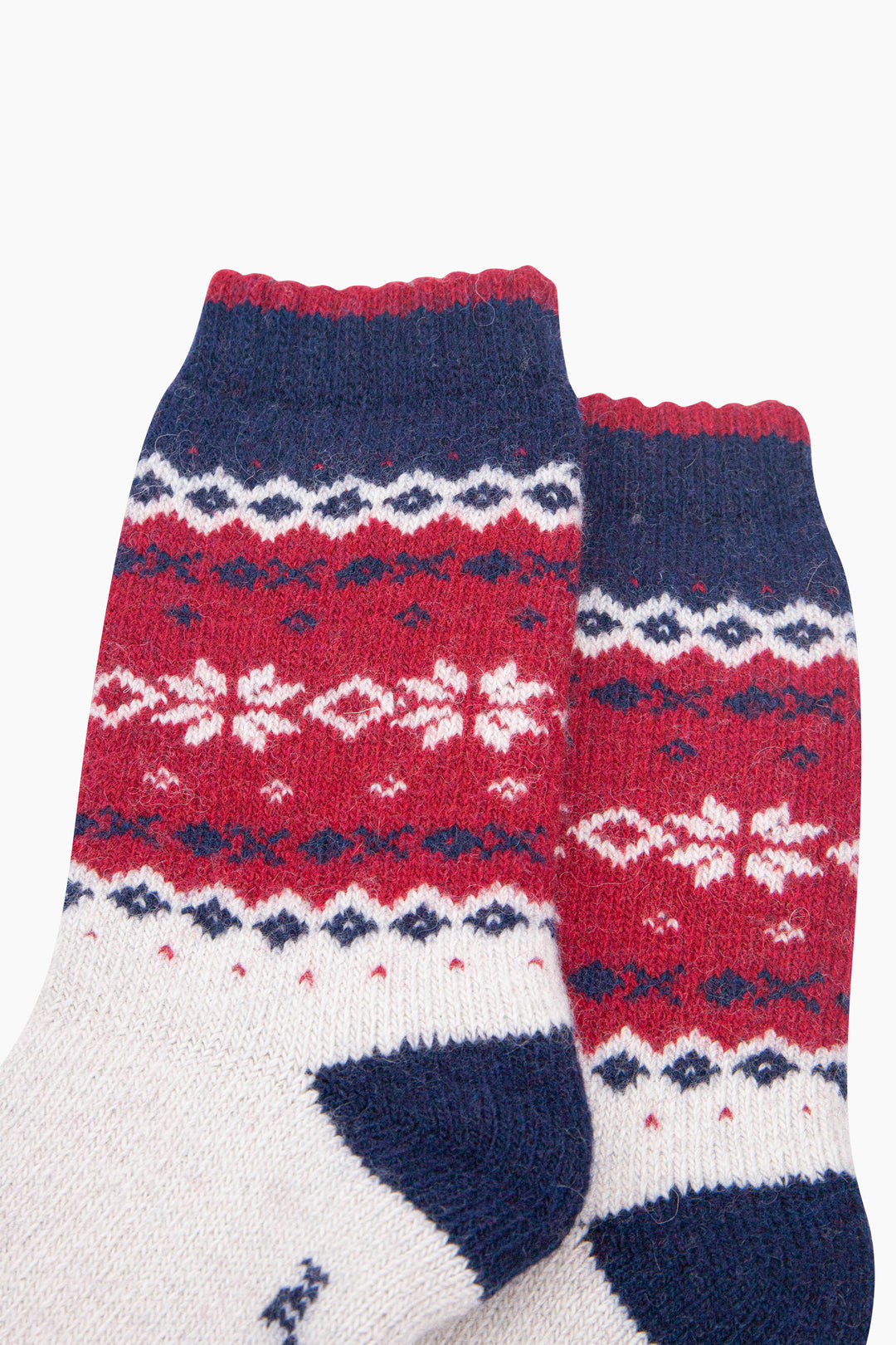 Nordic-Snowflake-Patterned-Wool-Socks-in-Navy-Blue/Red-Close-Up