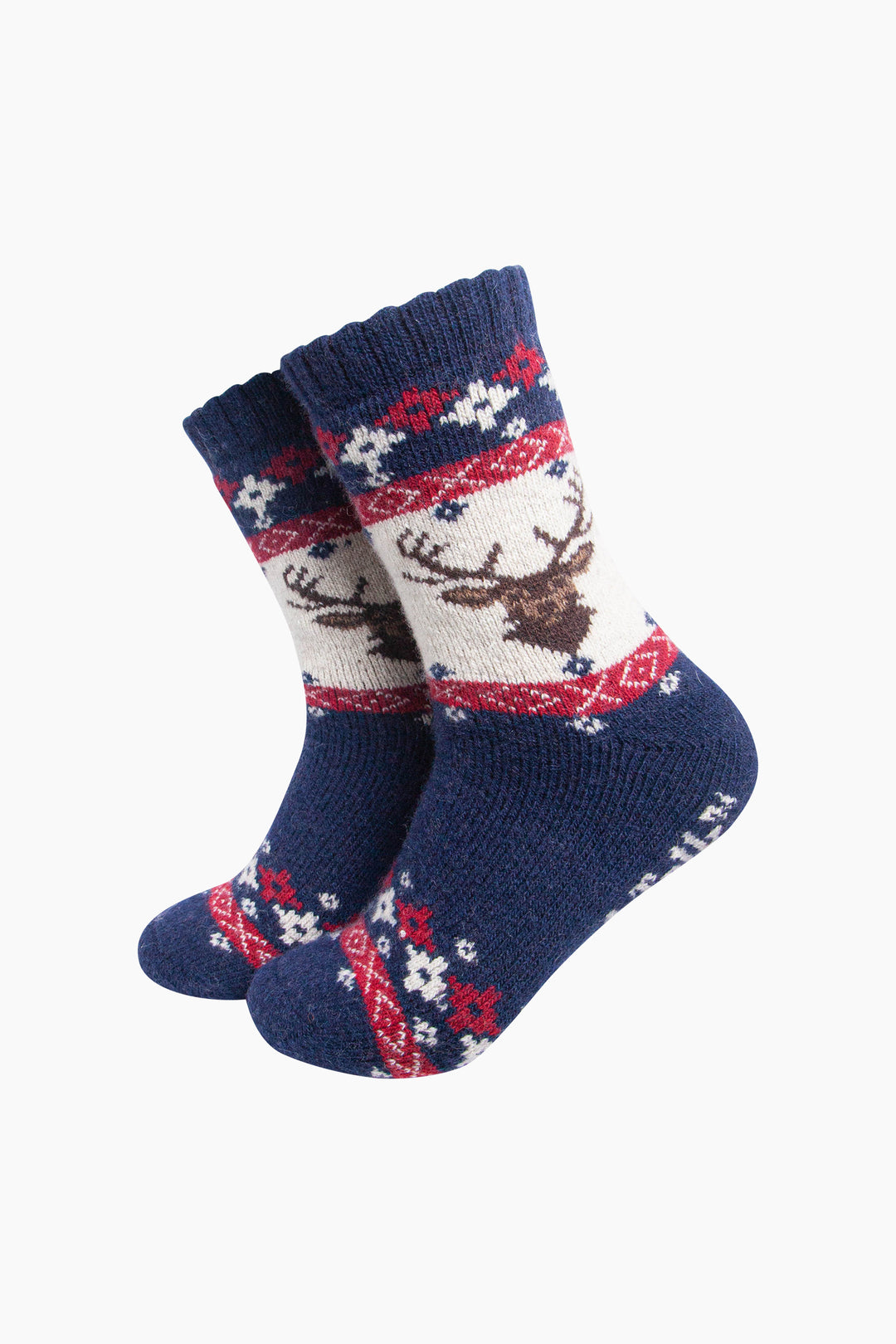 Stag-Patterned-Wool-Socks-in-Navy-Blue/Red-On-Mannequin