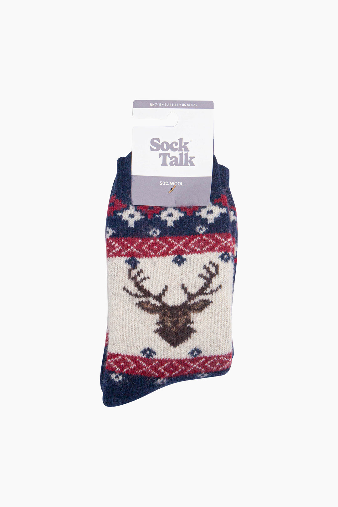 Stag-Patterned-Wool-Socks-in-Navy-Blue/Red-In-Packaging