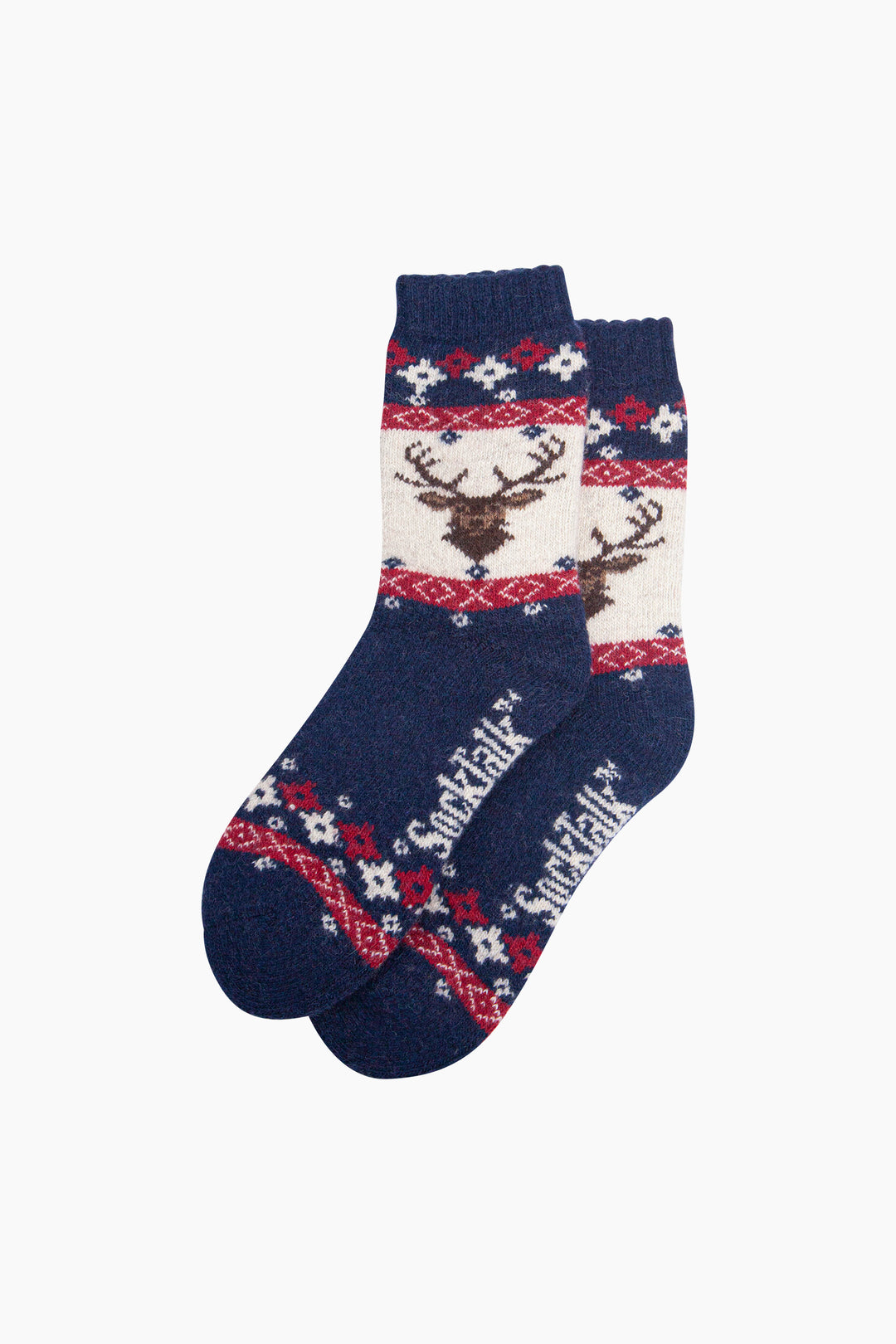 Stag-Patterned-Wool-Socks-in-Navy-Blue/Red-Laid-Flat