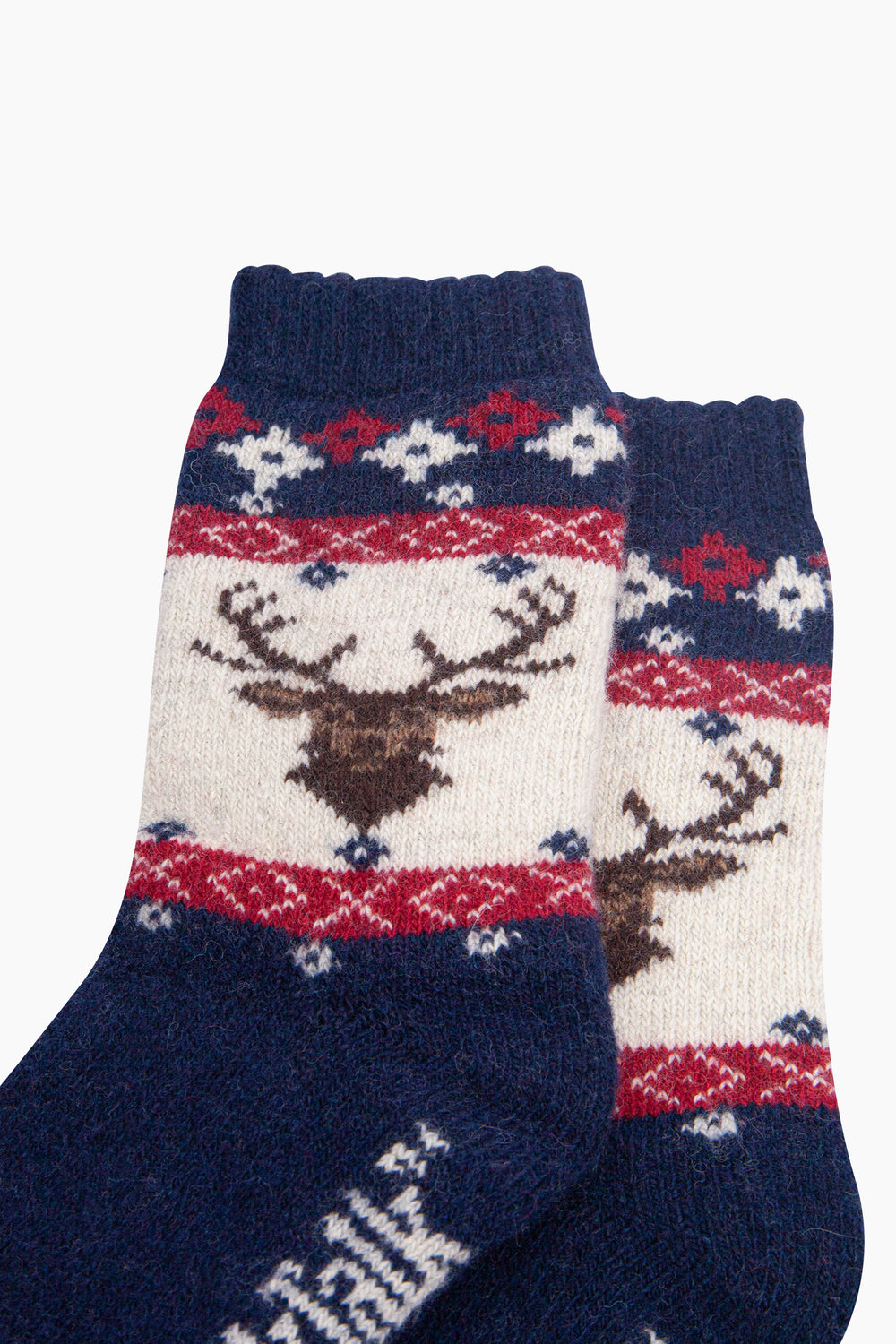 Stag-Patterned-Wool-Socks-in-Navy-Blue/Red-Close-Up