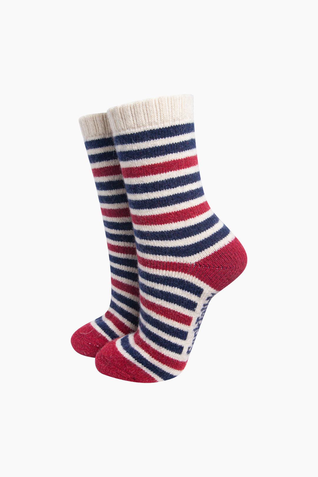 Stripe-Patterned-Wool-Socks-in-Navy-Blue/Red-On-Mannequin
