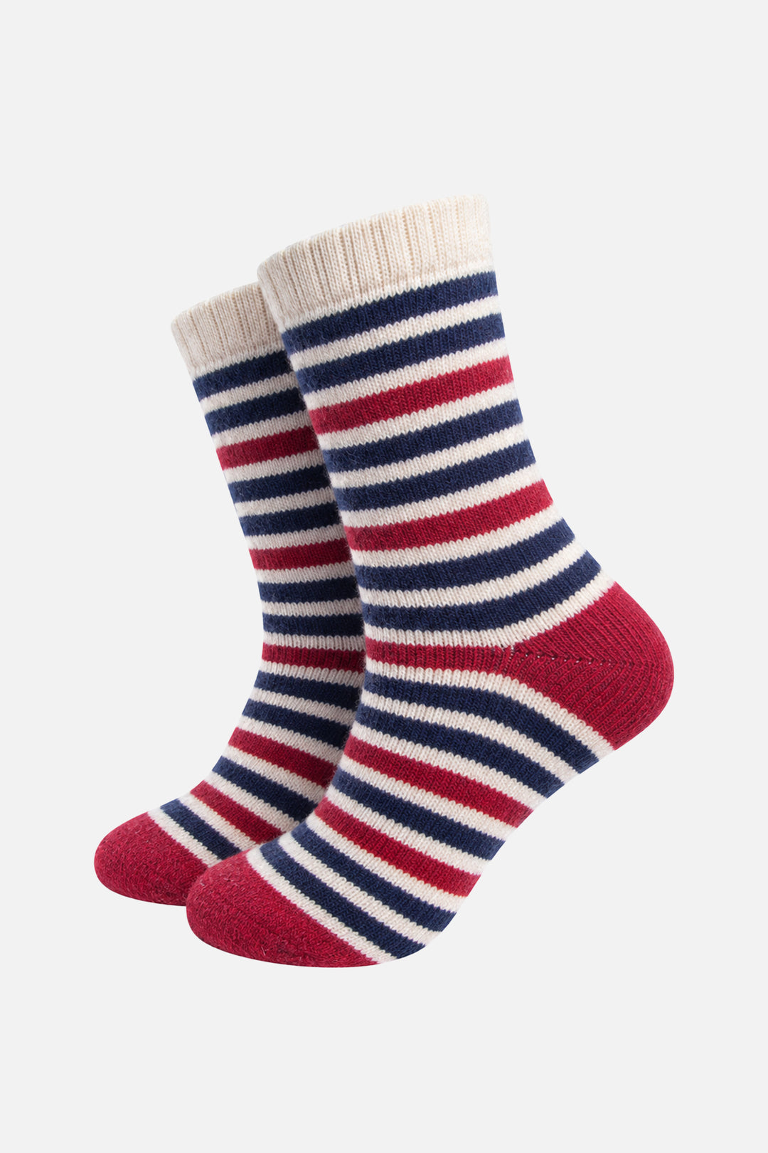 Stripe Patterned 50% Wool Socks in Navy Blue/Red