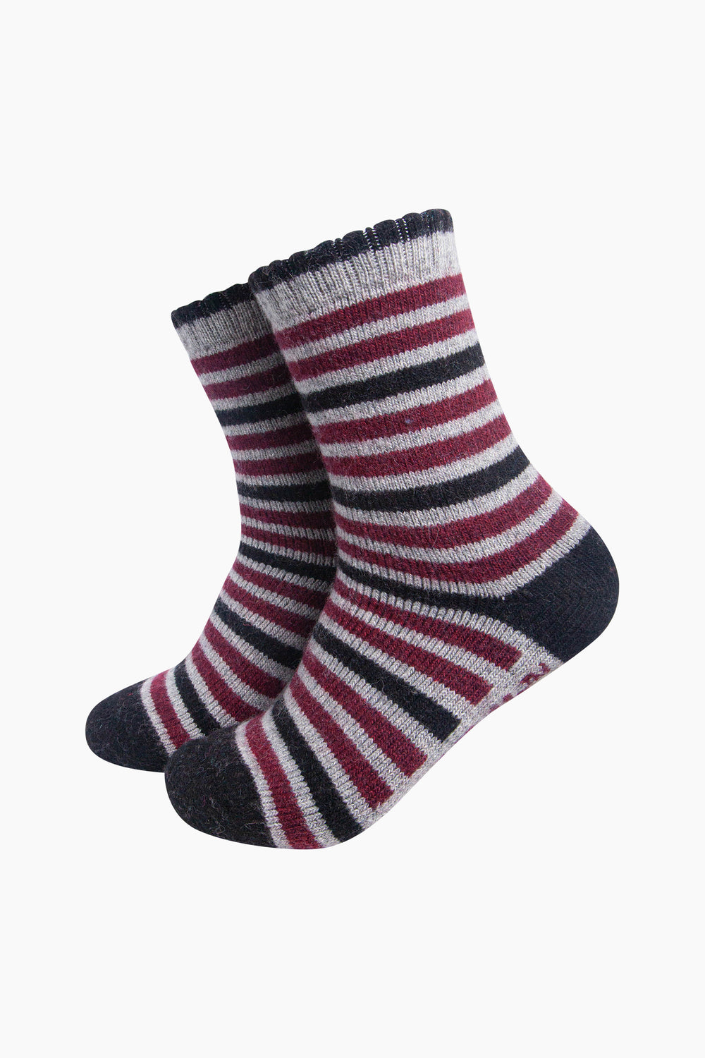 Stripe-Patterned-Wool-Socks-in-Grey-Marl/Burgundy-On-Mannequin