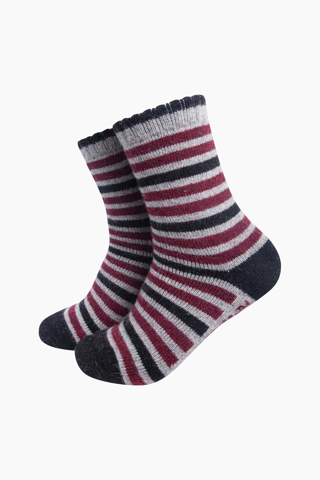 Stripe-Patterned-Wool-Socks-in-Grey-Marl/Burgundy-On-Mannequin