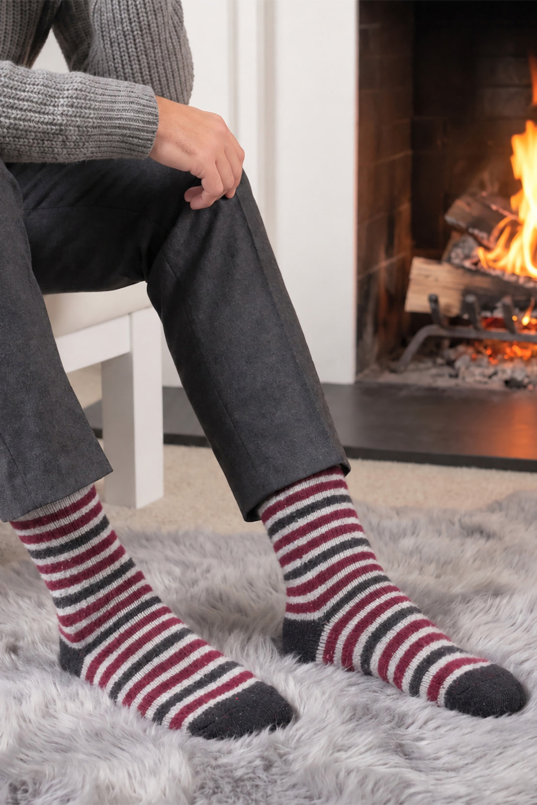 Stripe-Patterned-Wool-Socks-in-Grey-Marl/Burgundy
