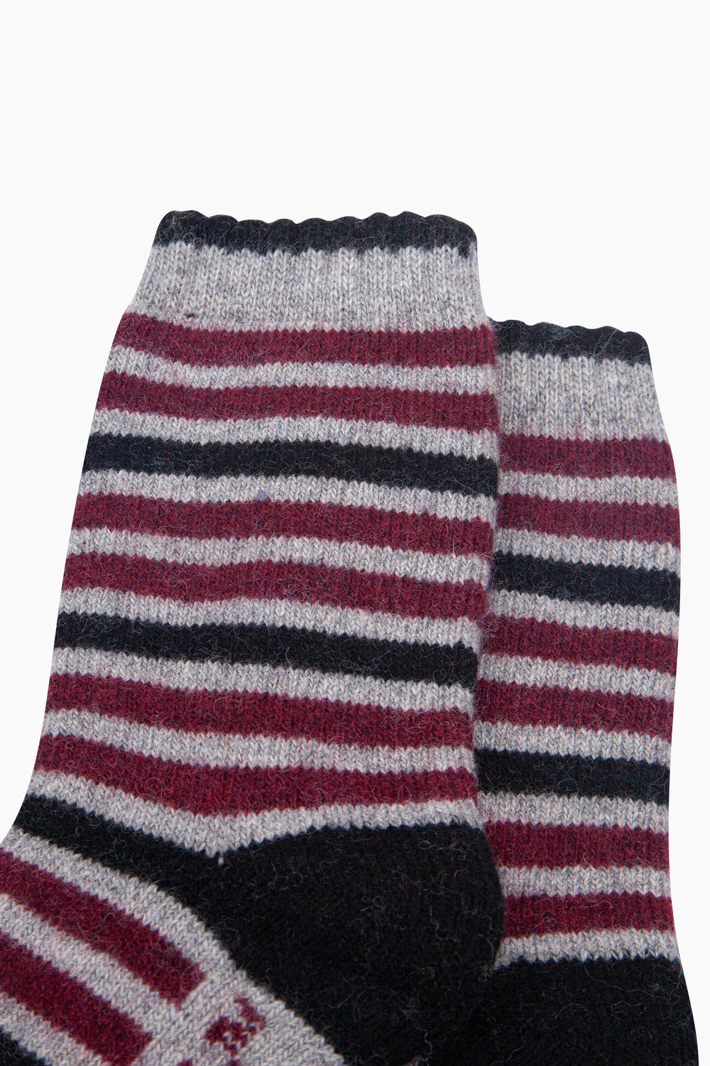 Stripe-Patterned-Wool-Socks-in-Grey-Marl/Burgundy-Close-Up