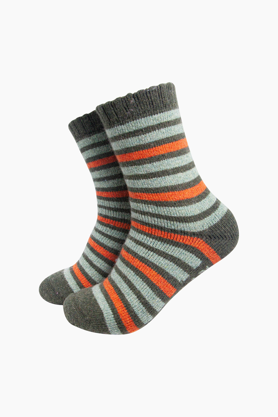 Stripe-Patterned-Wool-Socks-in-Green/Orange-On-Mannequin