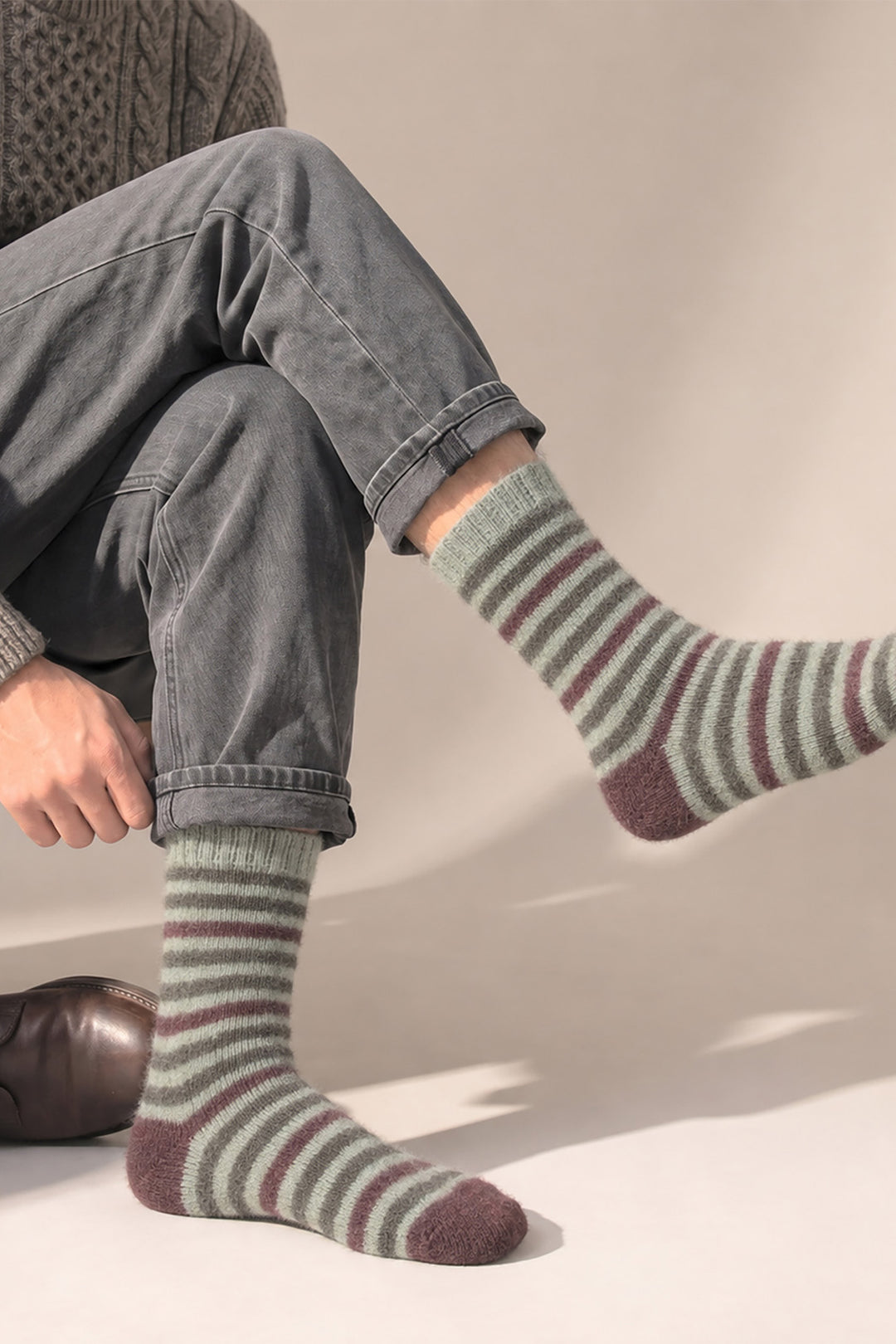 Stripe-Patterned-Wool-Socks-in-Green/Brown