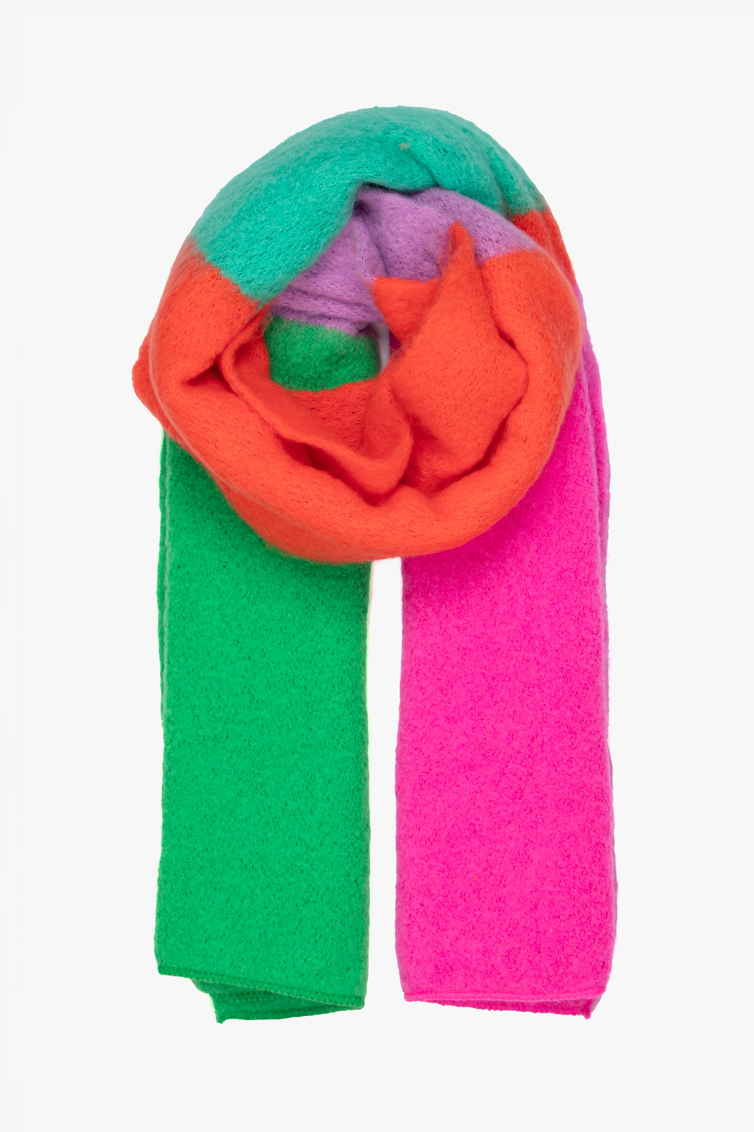 heavyweight winter scarf in a pink, orange and green colour block pattern, the scarf is bright and colourful