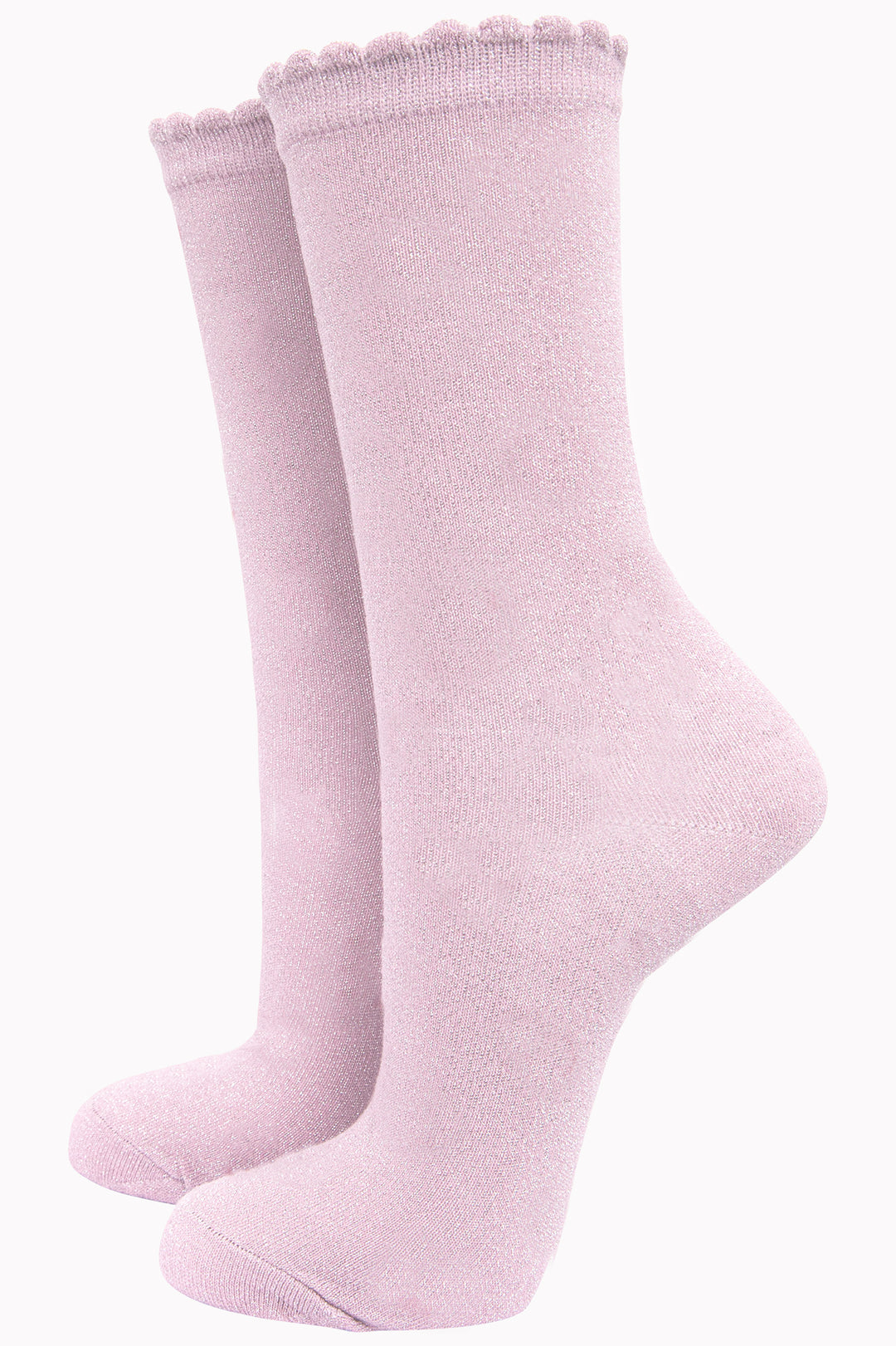 Womens Glitter Socks Pink Sparkly Ankle Socks Shimmer With Scalloped Cuff