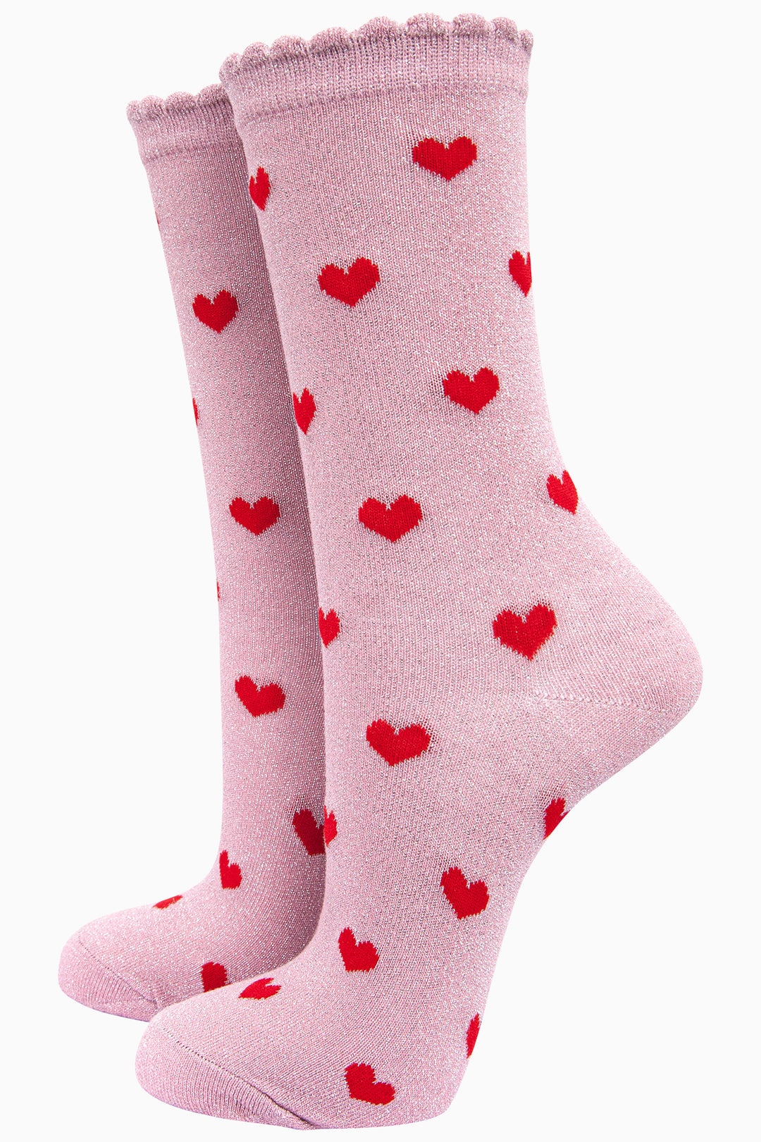 pink glitter ankle socks with an all over sparkle and red love heart pattern, with scalloped cuffs