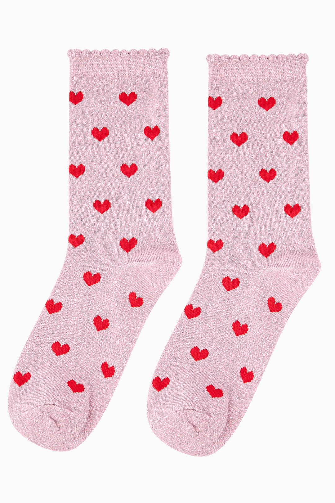 pink glitter socks with red love hearts, scalloped cuff and an all over sparkle