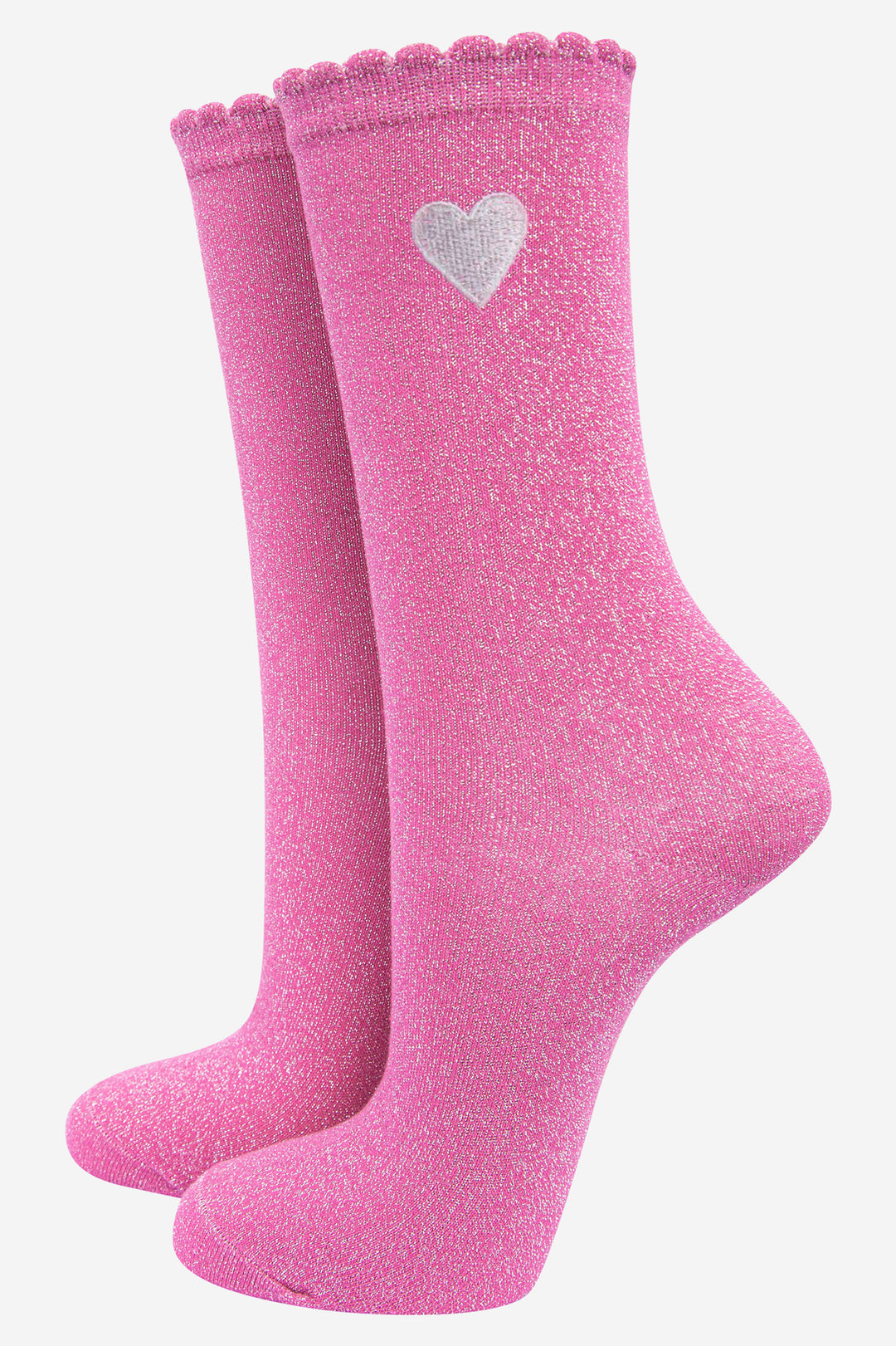 Womens Pink Glitter Socks Embroidered Heart Ankle Socks Sparkly Shimmer Fuchsia with Scalloped Cuff