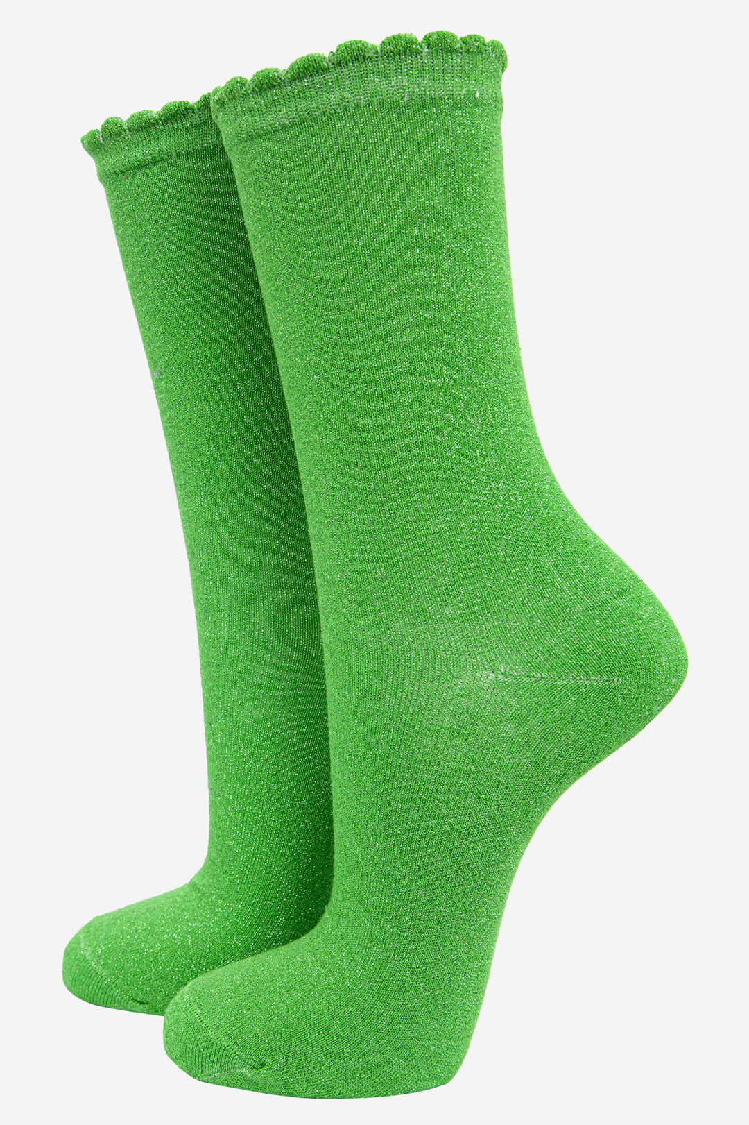 apple green coloured ankle socks with an all over glitter sparkle and scalloped cuffs