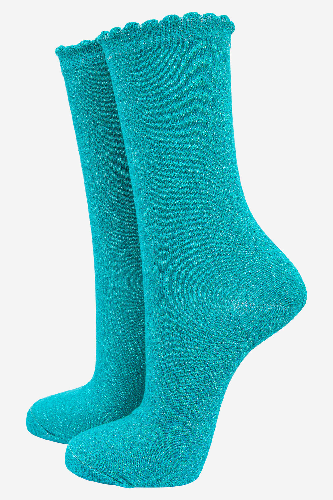aqua blue ankle socks with an all over glitter sparkle and scalloped cuffs