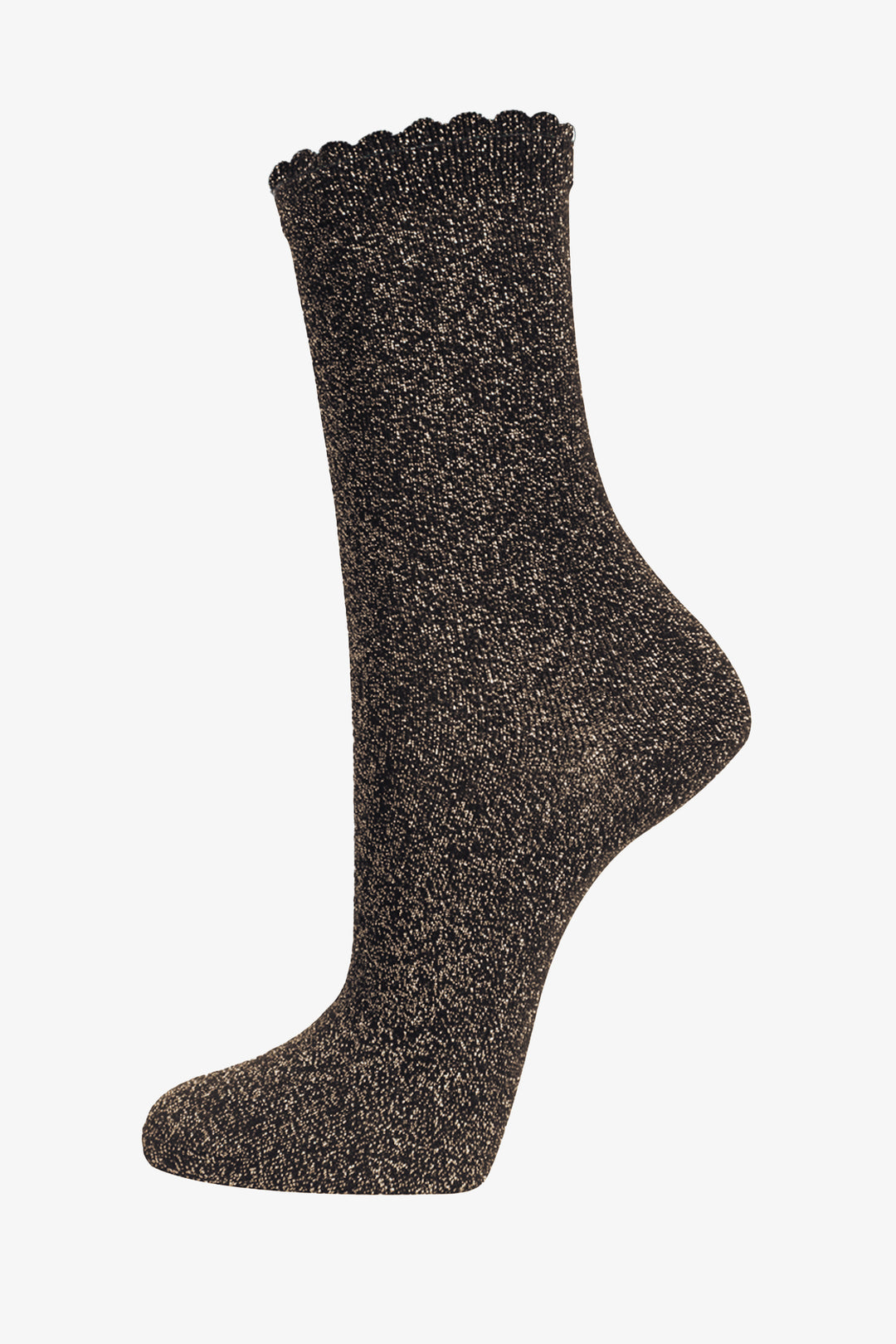 black scalloped cuff ankle socks with an all over copper shimmer