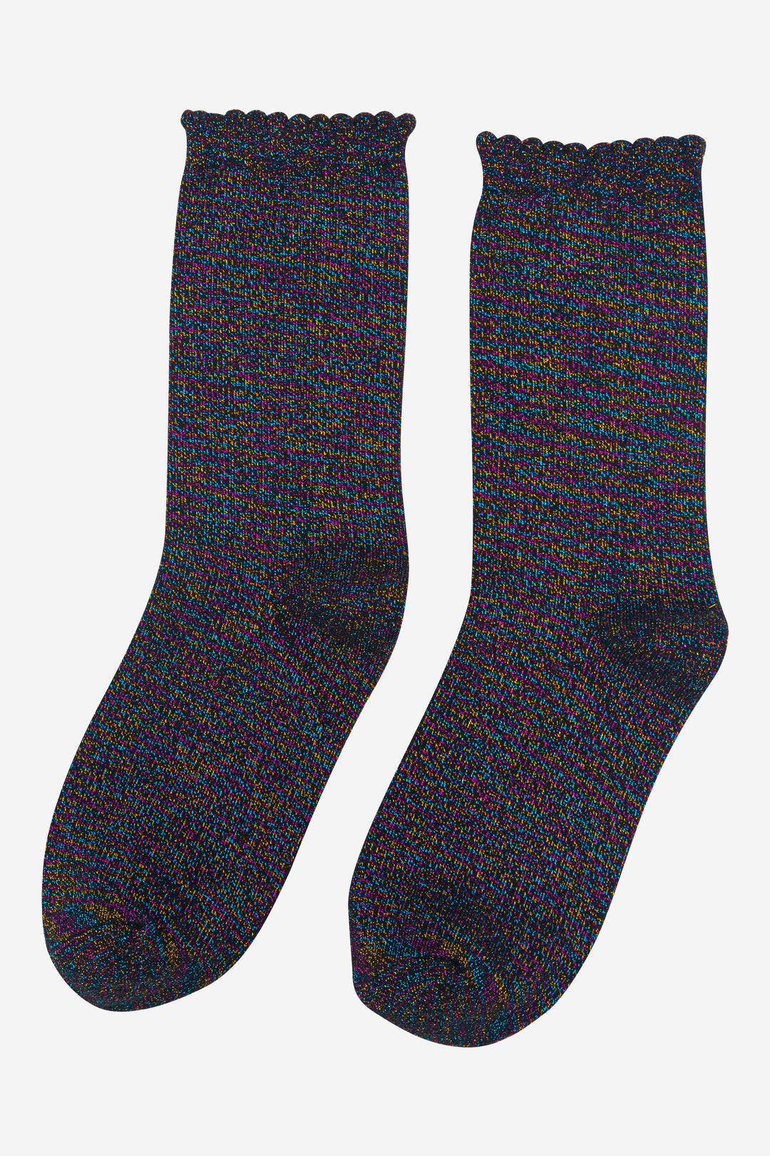 black rainbow glitter socks with a scalloped cuff