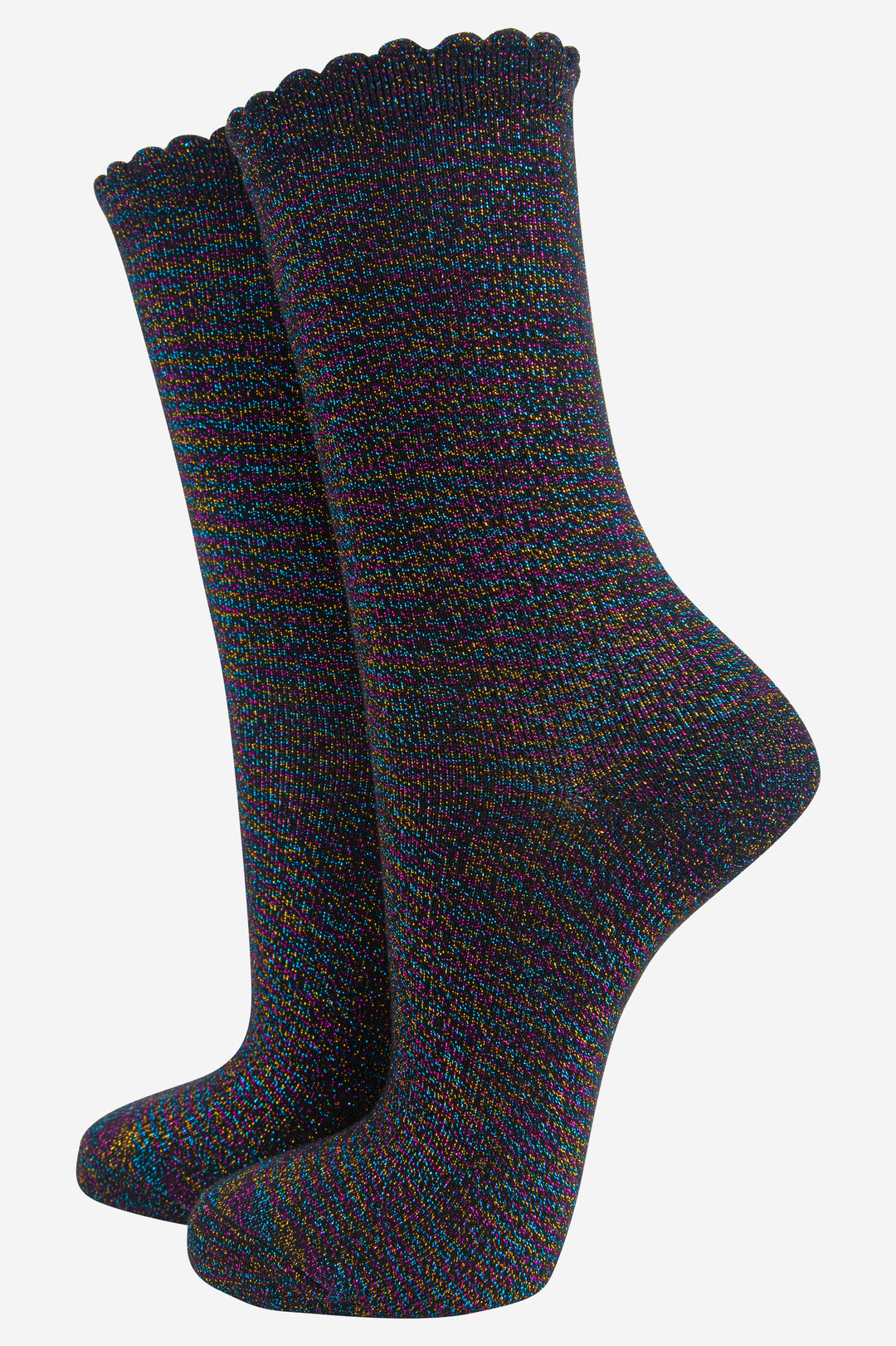 black glitter socks with a scalloped cuff and an all over rainbow glitter sparkle