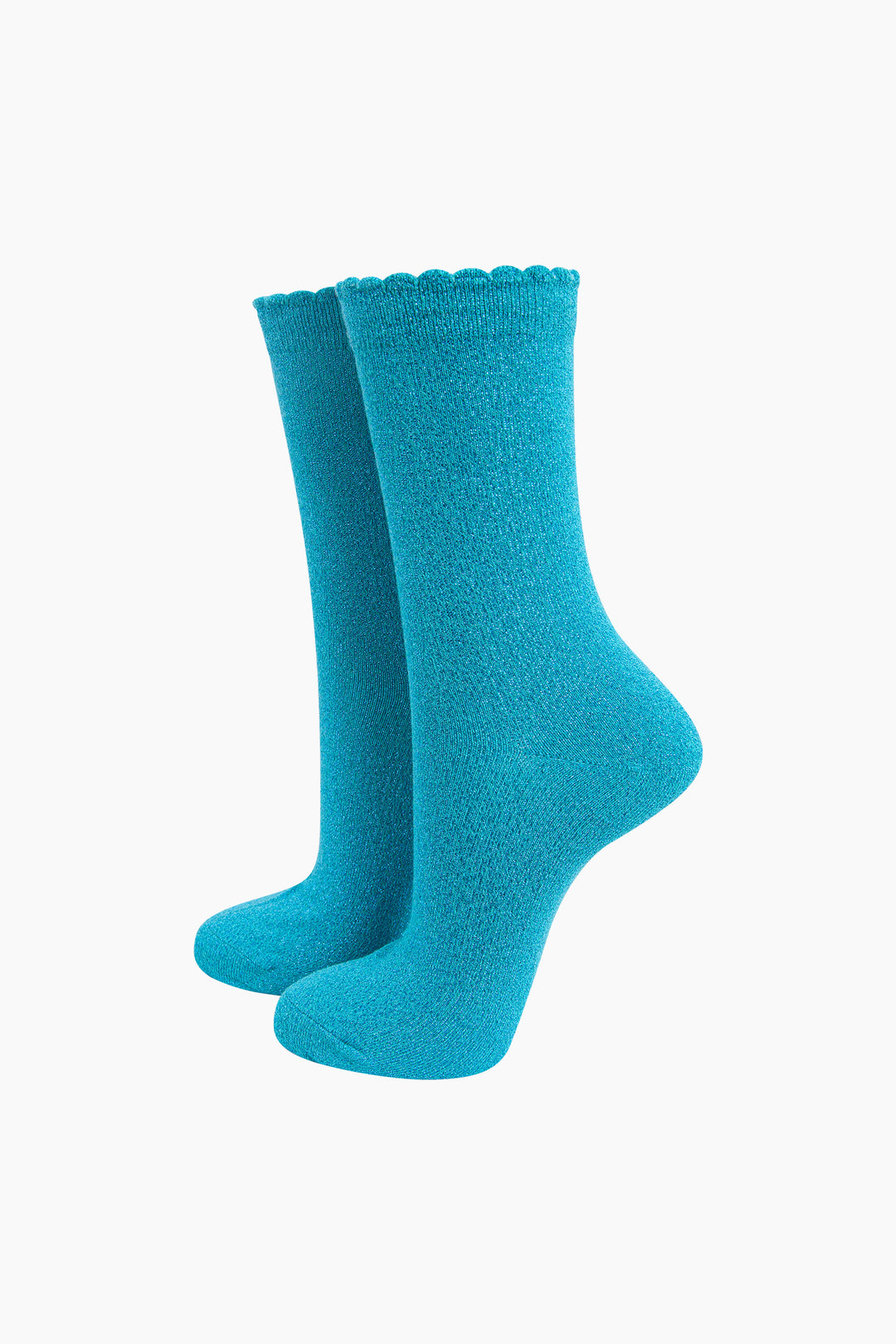 turquoise ankle socks with a scalloped cuff and an all over sparkle