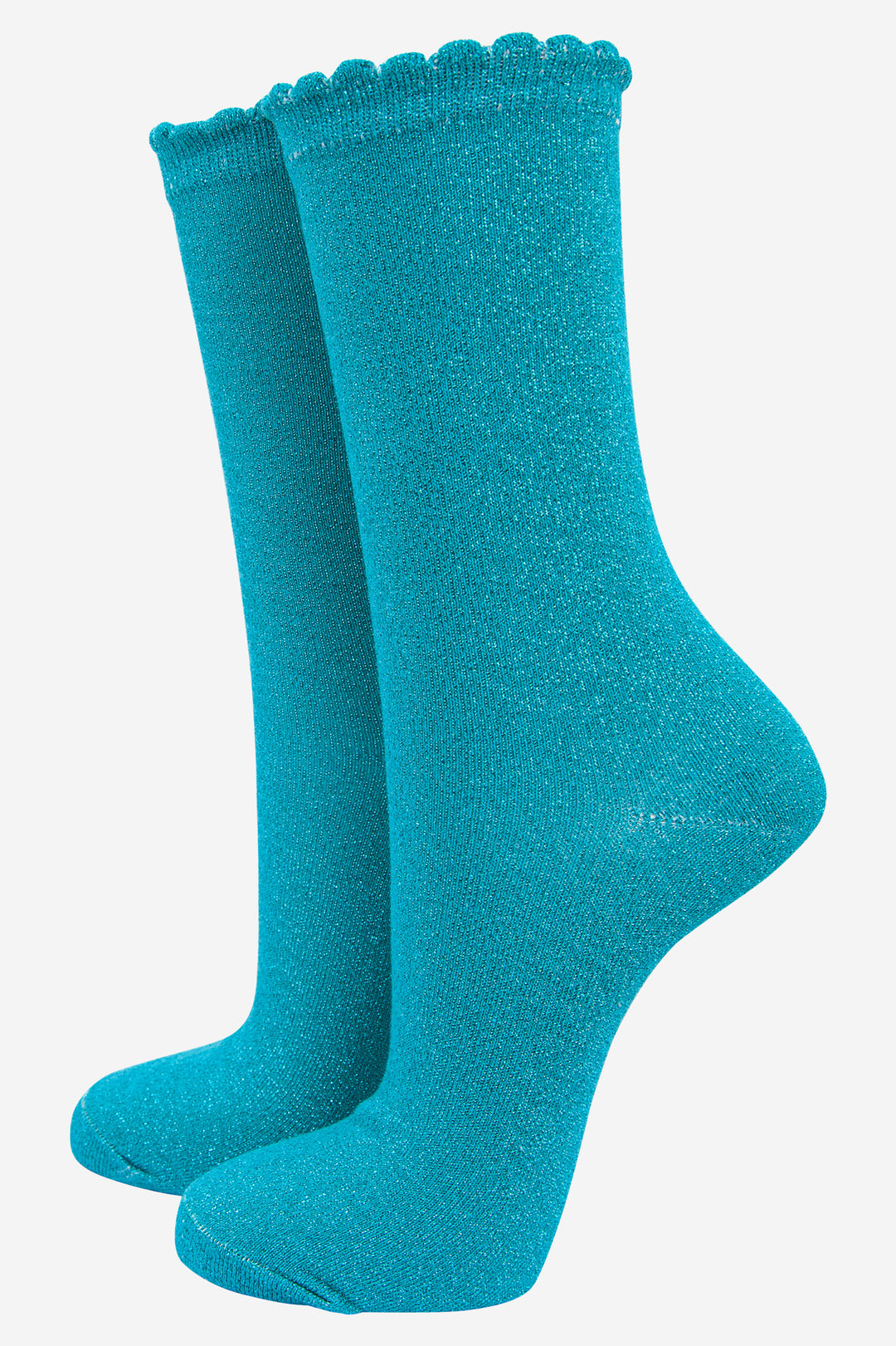 turquoise ankle socks with a scalloped cuff and an all over sparkle