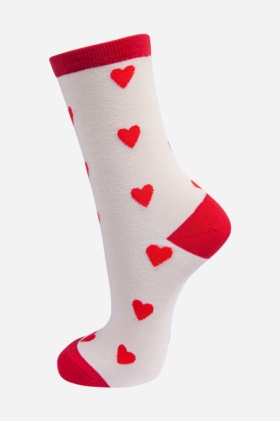 white bamboo socks with an all over red love heart pattern