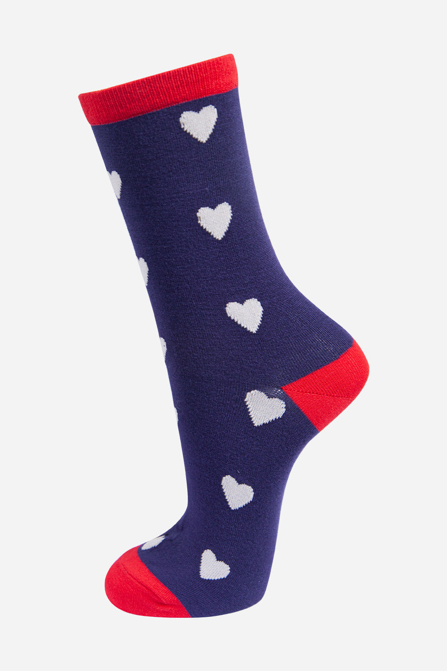 navy blue ankle socks with a red heel, toe and cuff with an all over white love heart pattern