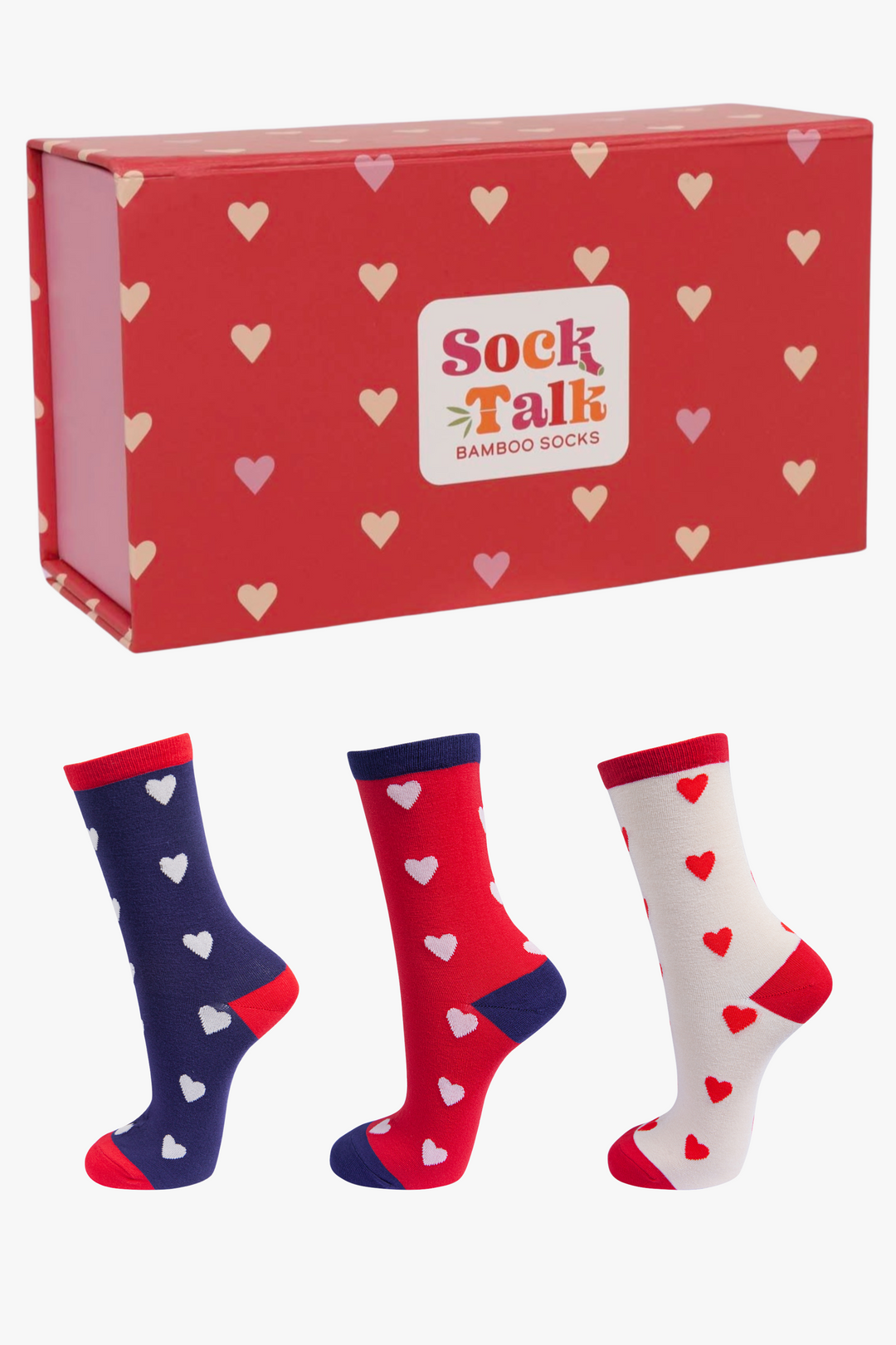 red love heart pattern gift box with three pairs of love heart patterned bamboo ankle socks