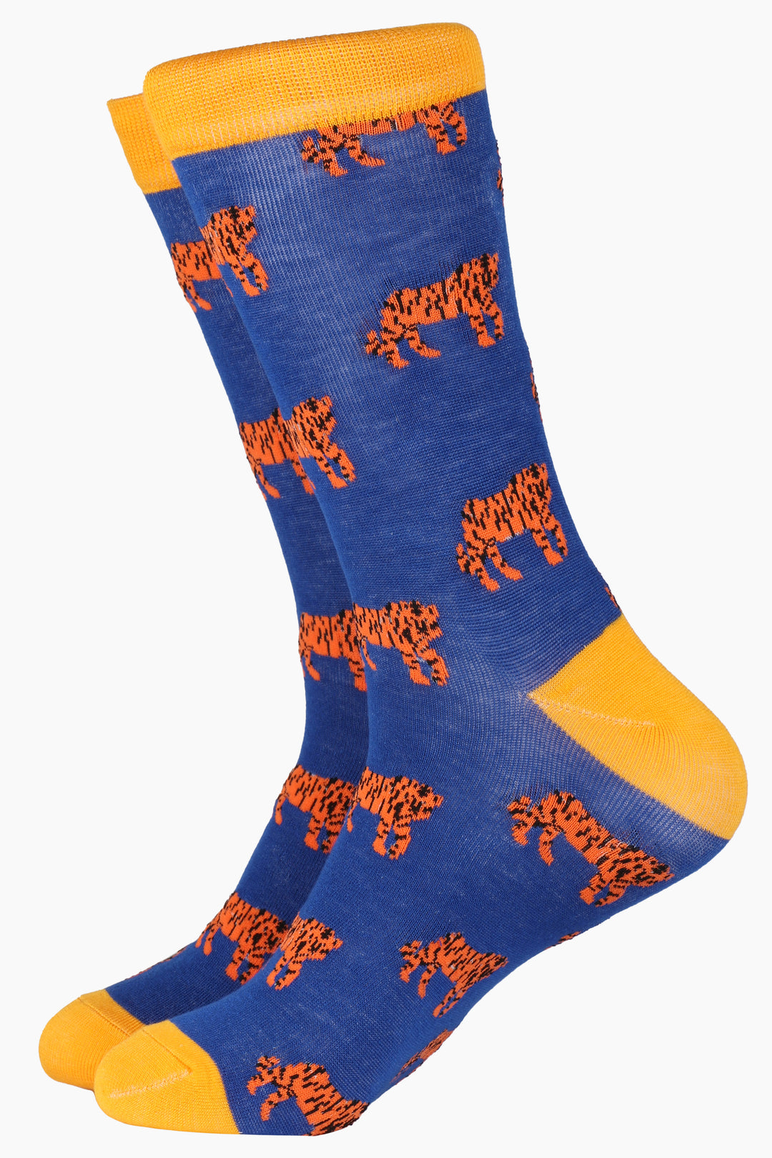 blue  bamboo socks with yellow toe, heel and cuff with an all over pattern of orange tigers