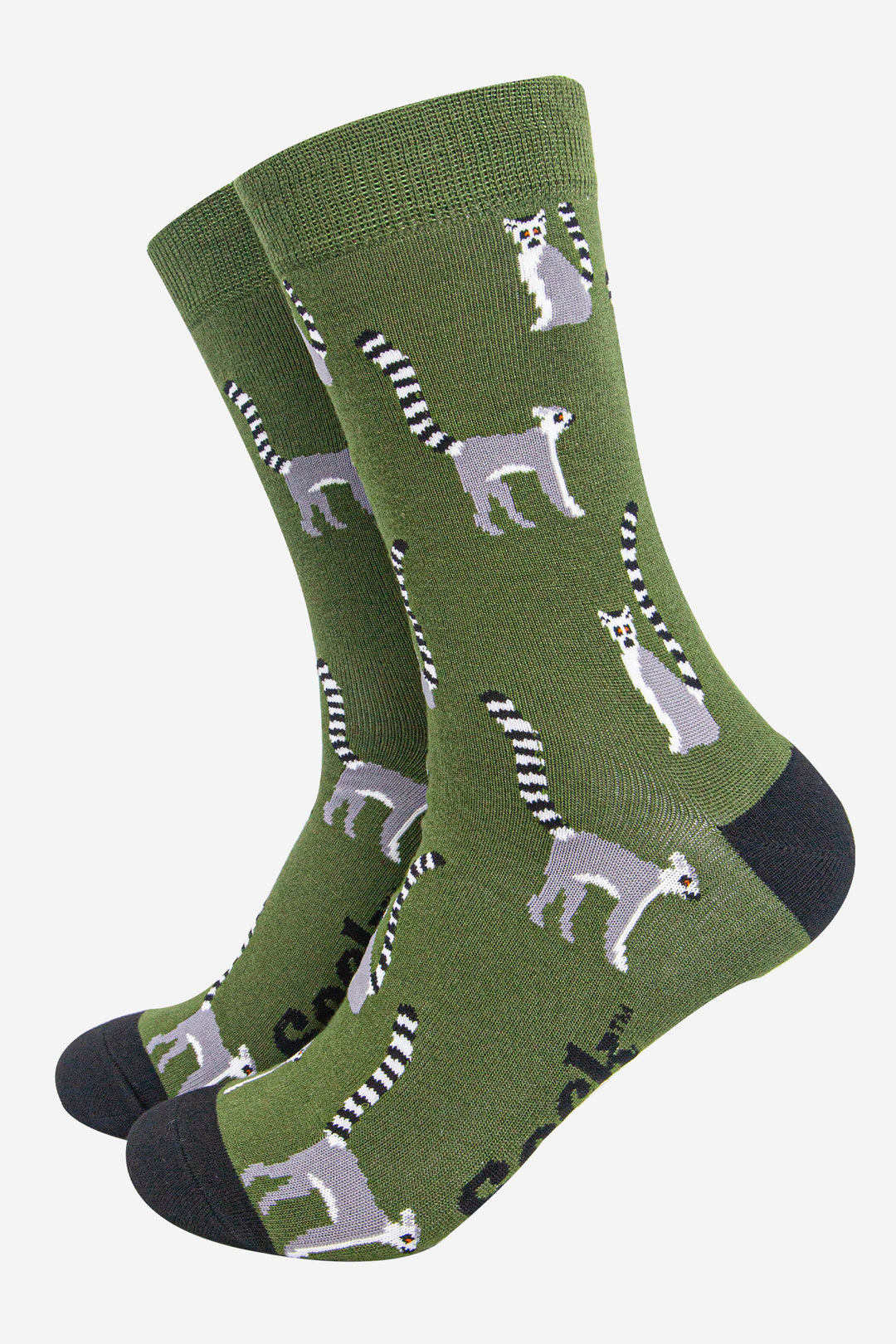 mens-bamboo-socks-dark-green-black-lemur-animals