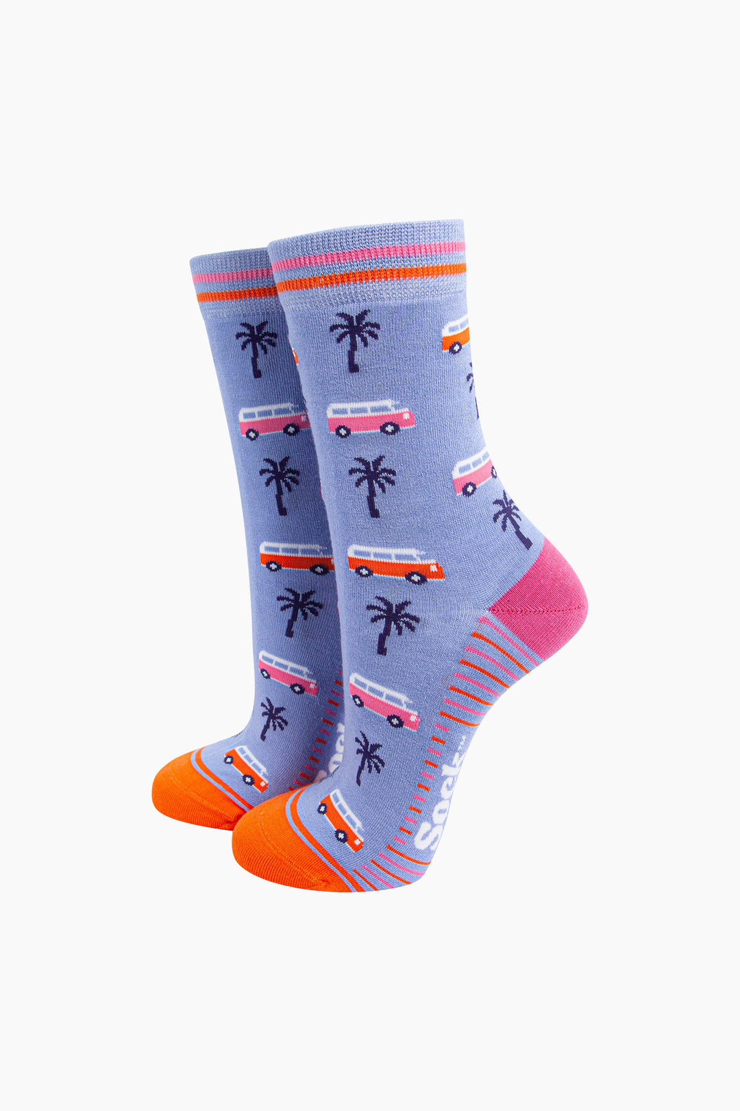 Campervans-Palm-Trees-Bamboo-Socks-in-Blue-On-Foot-Mannequin